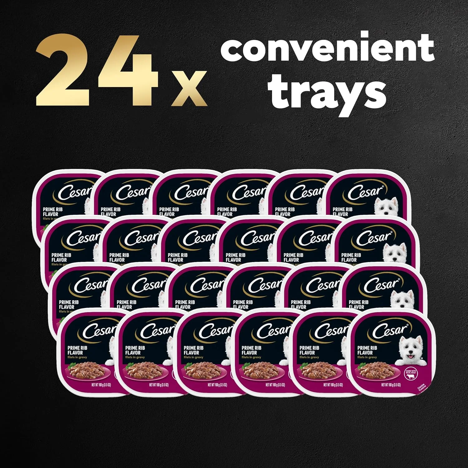 غذای مرطوب سگ بالغ سزار، فیله در آب گوشت با طعم دنده، 100 گرم. بسته بندی 24 عددی