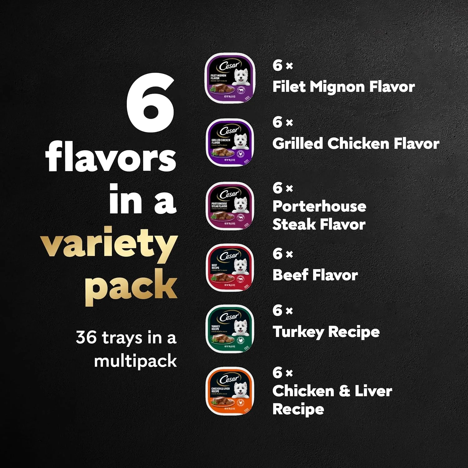 غذای مرطوب سگ سزار، طعم کلاسیک گوشت کبابی در سس، فیله مینیون، استیک پورترهاوس، گوشت گاو، مرغ و جگر و بوقلمون، بسته متنوع 3.5 اونسی. بسته بندی آسان (36 عدد، بسته 1 عددی)