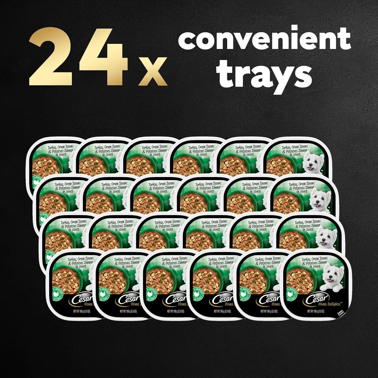 غذای مرطوب سگ سزار، طعم خانه، بوقلمون، لوبیا سبز و سیب زمینی در سس، (24 عدد) سینی های 3.5 اونسی با باز کردن آسان