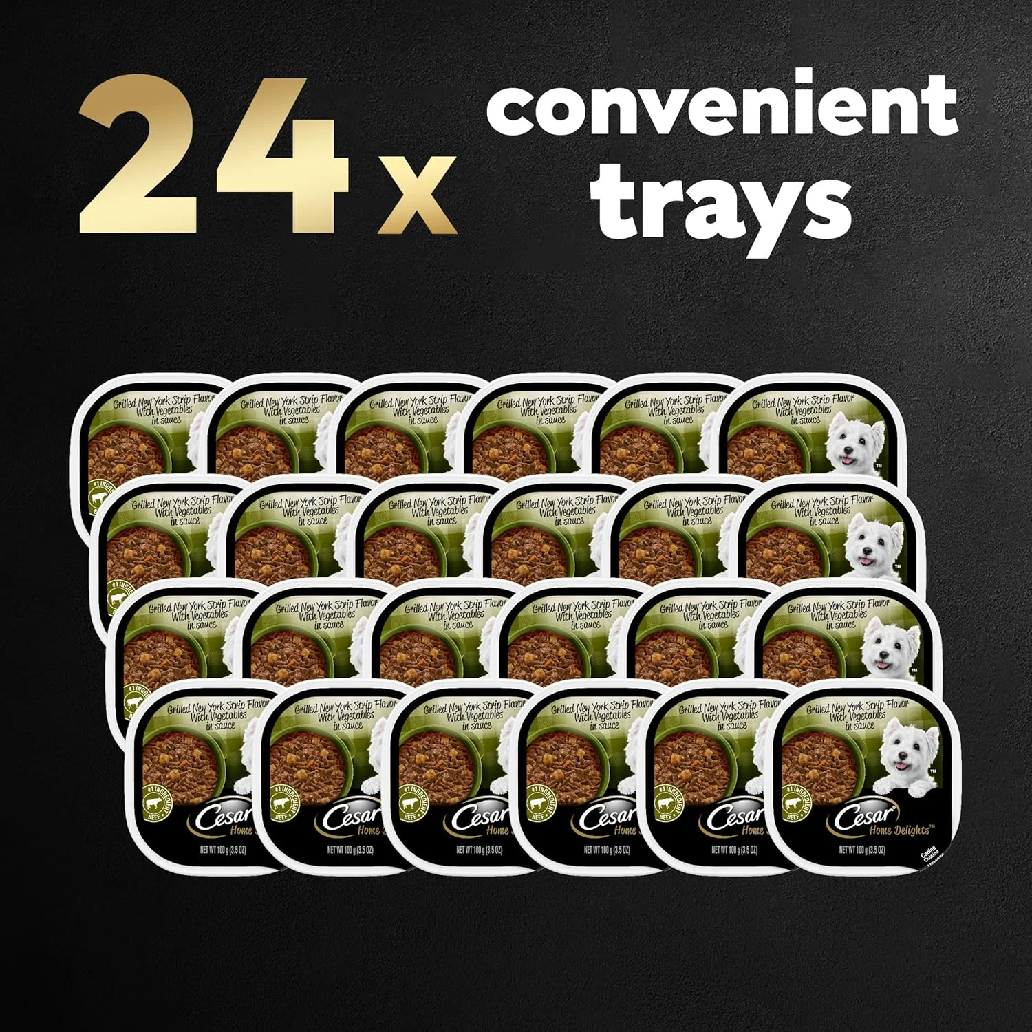 غذای سگ بالغ مرطوب سزار HOME DELIGHTS با طعم استیک نیویورکی کبابی با سبزیجات در سس، 100 گرمی. بسته 24 عددی