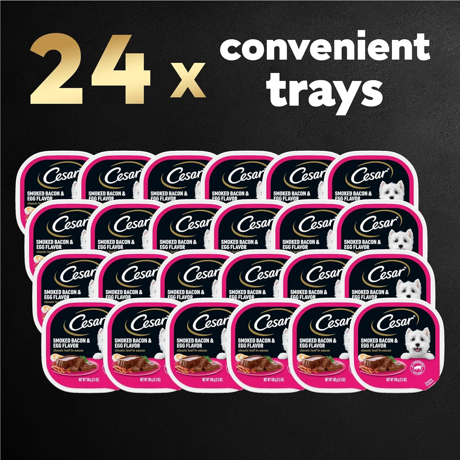 غذای مرطوب سگ بالغ سزار، طعم بیکن دودی و تخم مرغ، 100 گرمی. بسته بندی 24 عددی غذای مرطوب سگ بالغ سزار، طعم بیکن دودی و تخم مرغ، 100 گرمی. بسته بندی 24 عددی