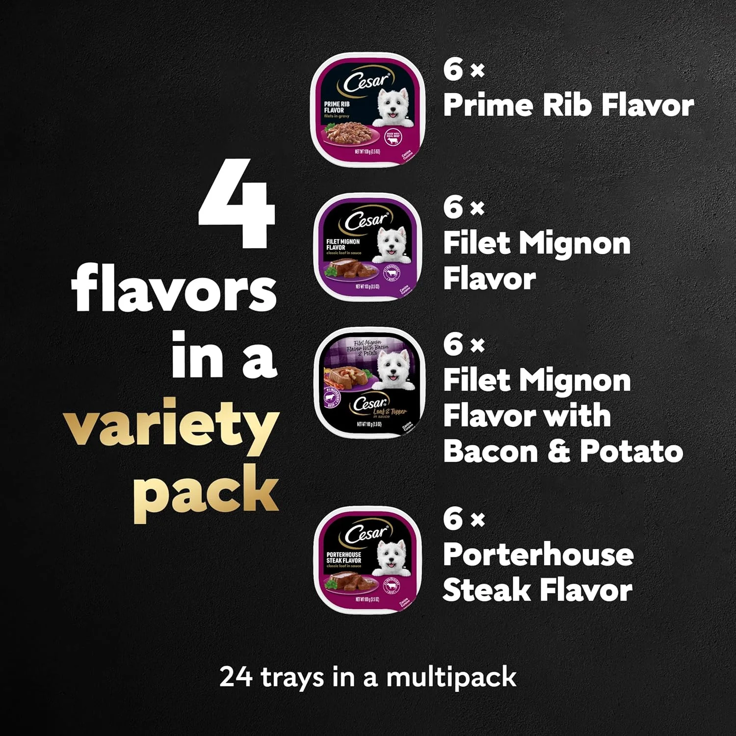 غذای مرطوب سگ بالغ سزار، طعم استیک، بسته متنوع با گوشت واقعی، (24) سینی 3.5 اونسی