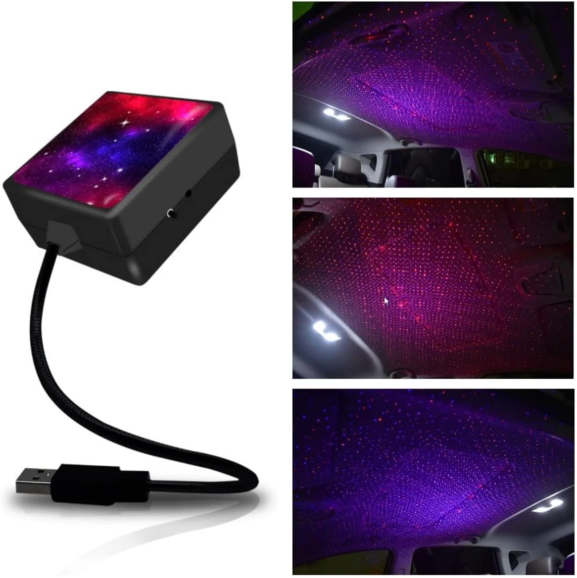 چراغ شب پروژکتور ستاره ای سقف خودرو USB، قابل تنظیم 360 درجه، 2 رنگ - 3 حالت نورپردازی، چراغ داخلی LED خودرو، اتصال و پخش، دکور چراغ ستاره ای رمانتیک سقف خودرو برای اتاق خواب، مهمانی، دیوار خودرو