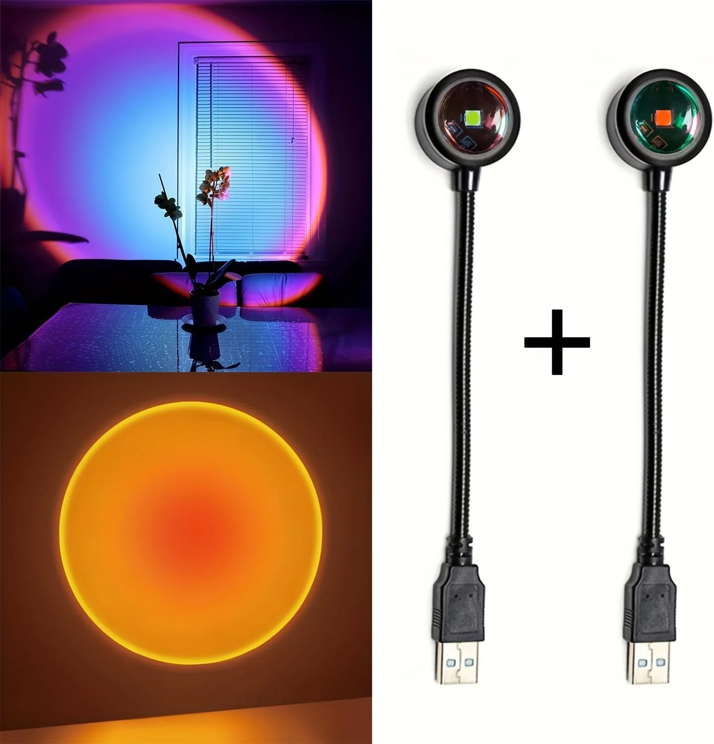 لامپ پروژکتور غروب خورشید LED، چراغ شب USB برای مهمانی خانگی و اتاق خواب، ایجاد فضایی رمانتیک و آرامش‌بخش - 2 عددی