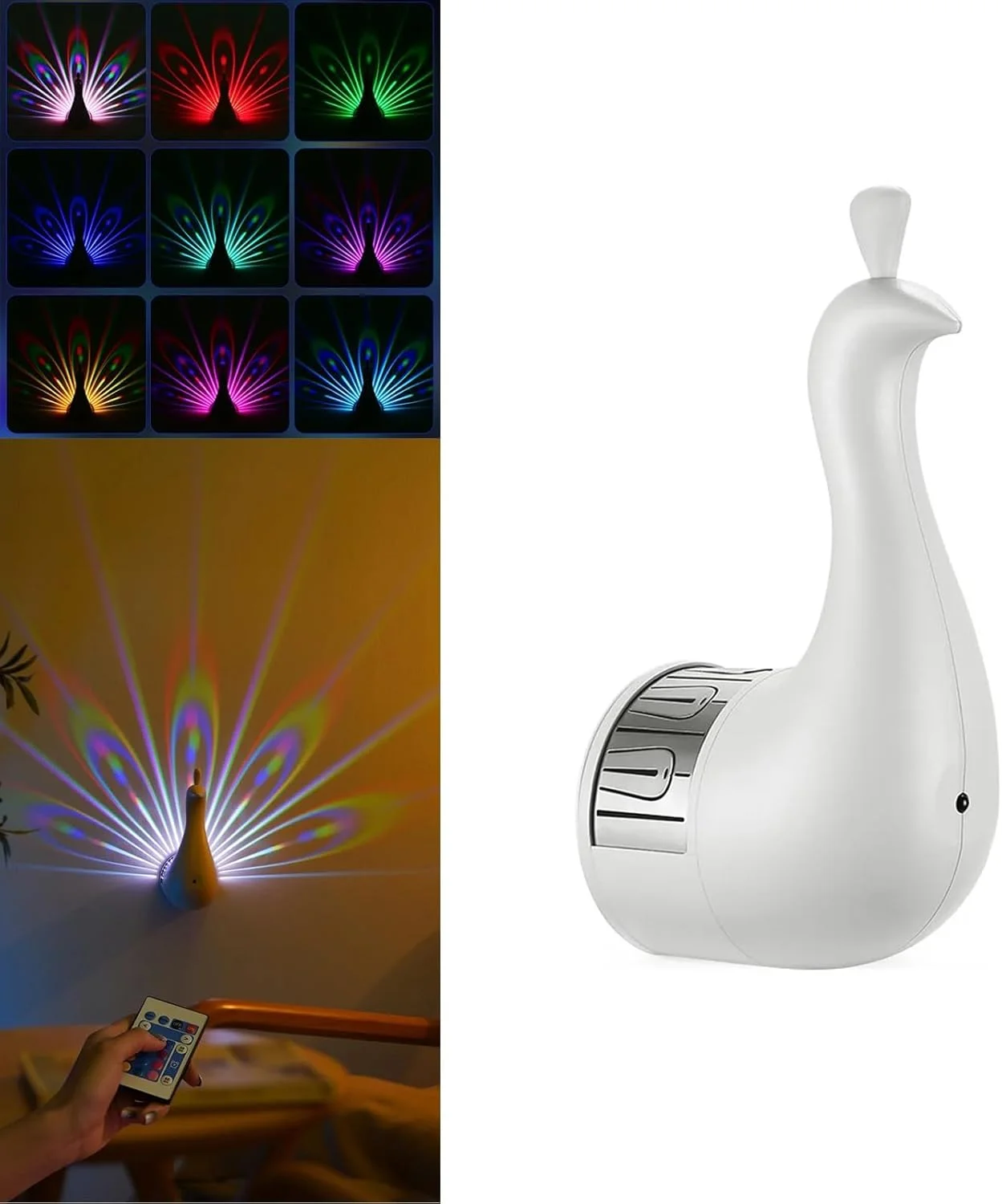 چراغ دیواری طرح طاووس، چراغ های ال ای دی پروژکتوری طاووس با کنترل از راه دور، چراغ خواب محیطی تغییر رنگ چند رنگ 7 رنگ، شارژ USB، هدایای دکوری برای اتاق خواب، اتاق کودکان، مهمانی، بارها (سفید) چراغ دیواری طرح طاووس، چراغ های ال ای دی پروژکتوری طاووس با کنترل از راه دور، چراغ خواب محیطی تغییر رنگ چند رنگ 7 رنگ، شارژ USB، هدایای دکوری برای اتاق خواب، اتاق کودکان، مهمانی، بارها (سفید)