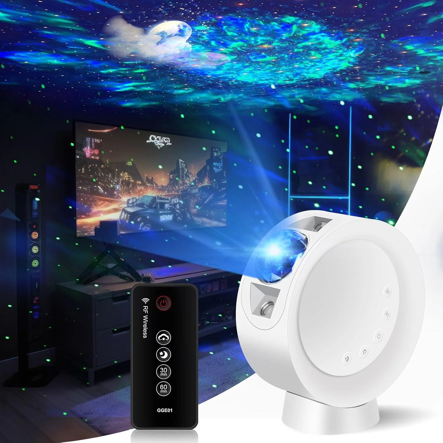 چراغ پروژکتور آسمان LED لیت انرژی، نورپردازی کهکشانی، چراغ شب ستاره سحابی با پایه و کنترل از راه دور برای اتاق بازی، سینمای خانگی، اتاق خواب یا فضای دلخواه (سفید)
