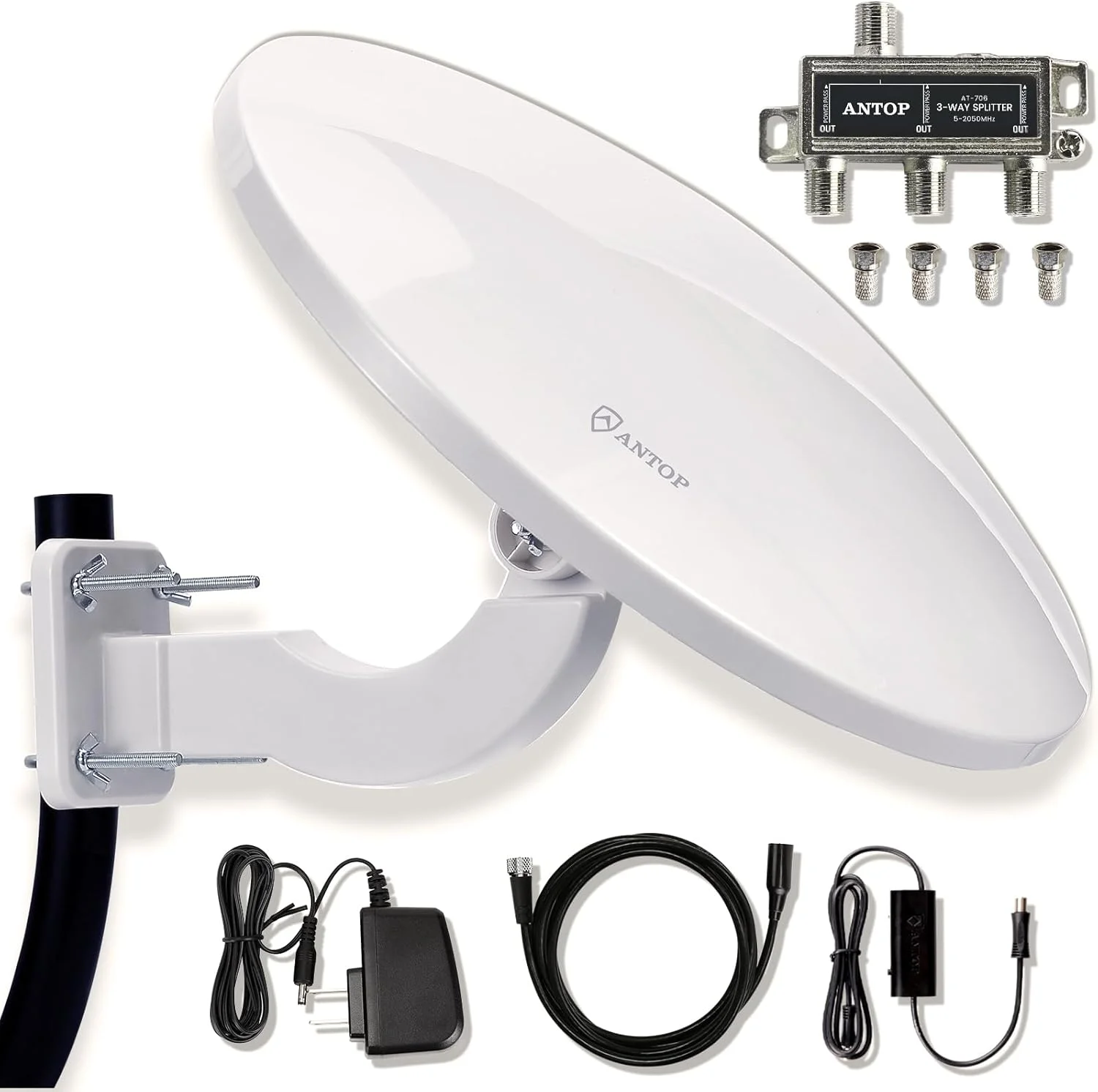 آنتن تلویزیون فضای باز ANTOP برای تلویزیون های متعدد، آنتن HDTV تقویت شده UFO برای پشت بام/اتاق زیر شیروانی/RV/دریایی 65 مایل، گیرندگی بسیار بالا با کابل کواکسیال 33 فوتی و اسپلیتر سیگنال برای 2 تلویزیون