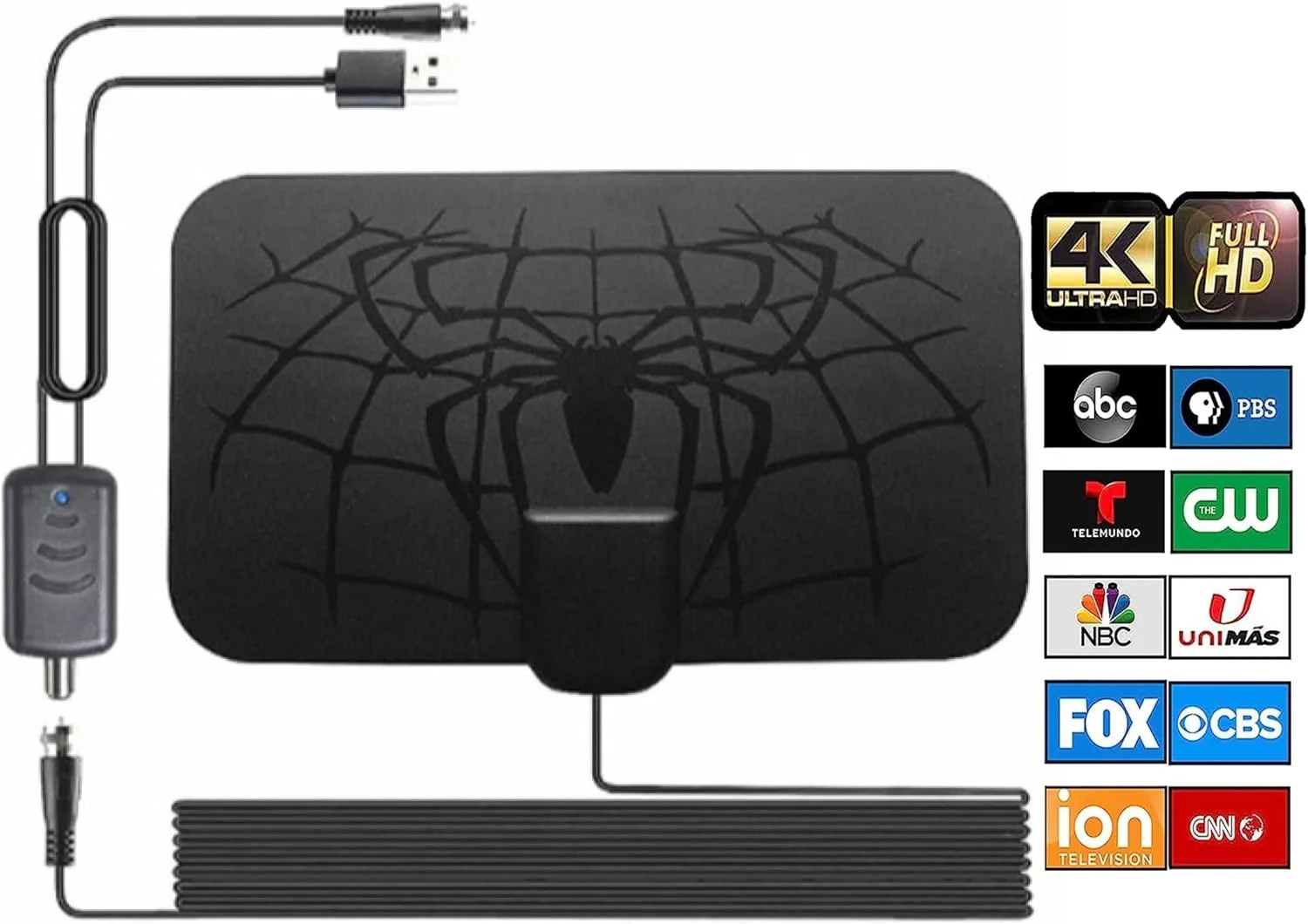 آنتن تلویزیون دیجیتال HD تقویت شده AUTERCO با برد بلند 320+ کیلومتر مناسب فضای داخلی و خارجی، پشتیبانی از 4K 8K 1080p VHF UHF Fire TV Stick سیگنال تلویزیونی قدرتمند برای تلویزیون های هوشمند/تلویزیون های قدیمی کانال های رایگان محلی - کابل HDTV 3 متری