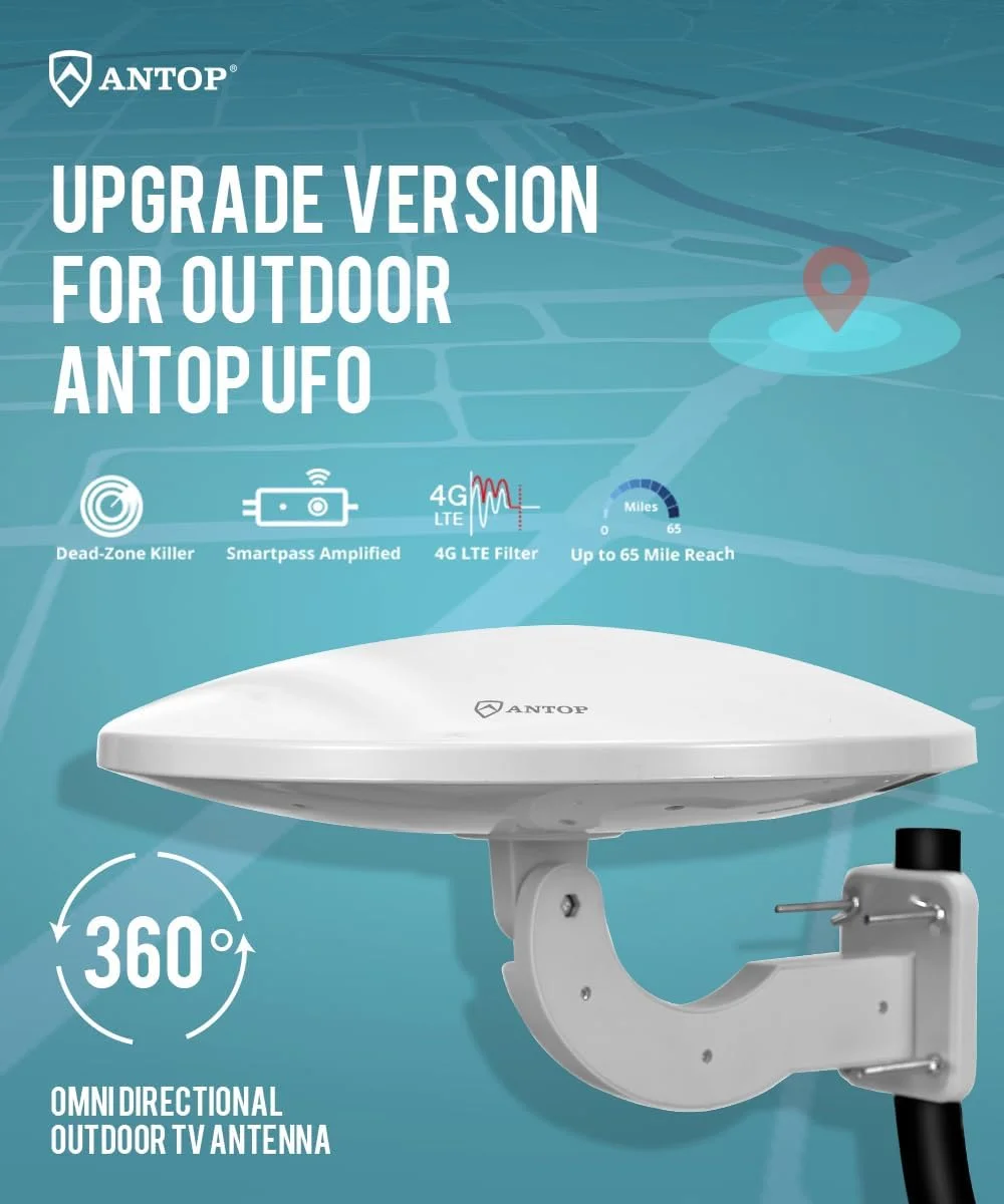 آنتن تلویزیون فضای باز ANTOP برای تلویزیون های متعدد، آنتن HDTV تقویت شده UFO برای پشت بام/اتاق زیر شیروانی/RV/دریایی 65 مایل، گیرندگی بسیار بالا با کابل کواکسیال 33 فوتی و اسپلیتر سیگنال برای 2 تلویزیون