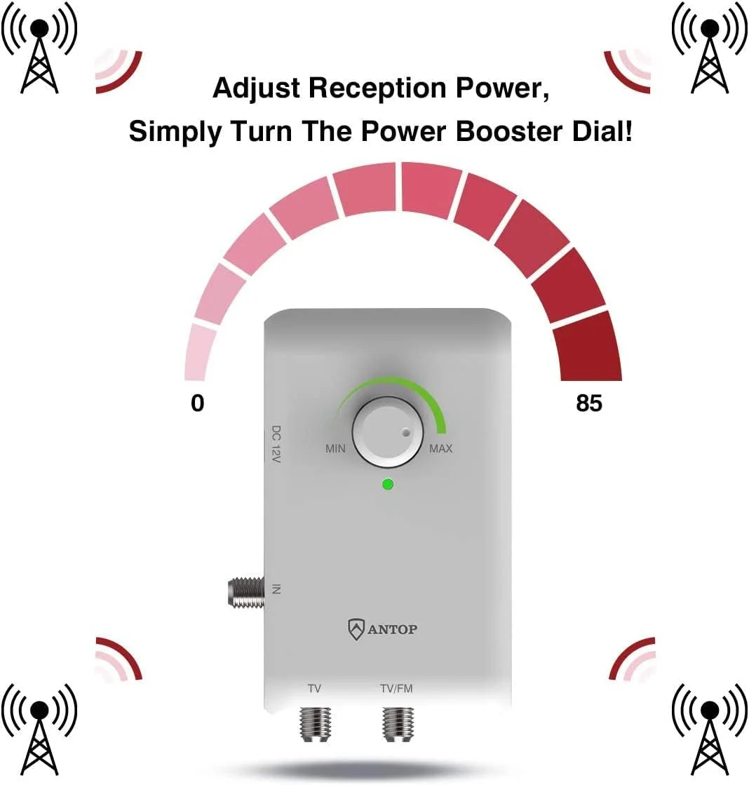 آنتن تقویت شده HDTV/FM مدل ANTOP AT-800SBS با فیلتر 4G LTE بدون نویز و سیستم Smart Boost برای اتصال دوگانه، پشتیبانی از تلویزیون و دستگاه دوم (تلویزیون، FM یا دستگاه پخش جریانی یا پروژکتور OTA)