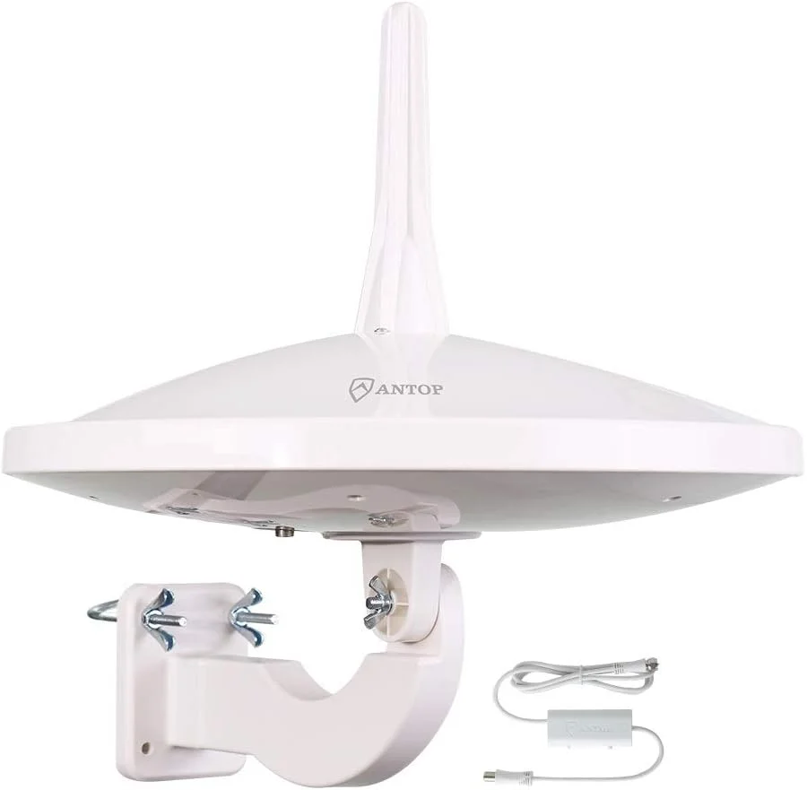 آنتن HDTV خارجی 360 درجه دو جهته ANTOP با طراحی زیبای UFO، تقویت کننده Smartpass و فیلتر 4G LTE، VHF/UHF بهبود یافته، مناسب برای استفاده در فضای باز/RV/اتاق زیر شیروانی (کابل کواکسیال 33 فوت، 4K U)