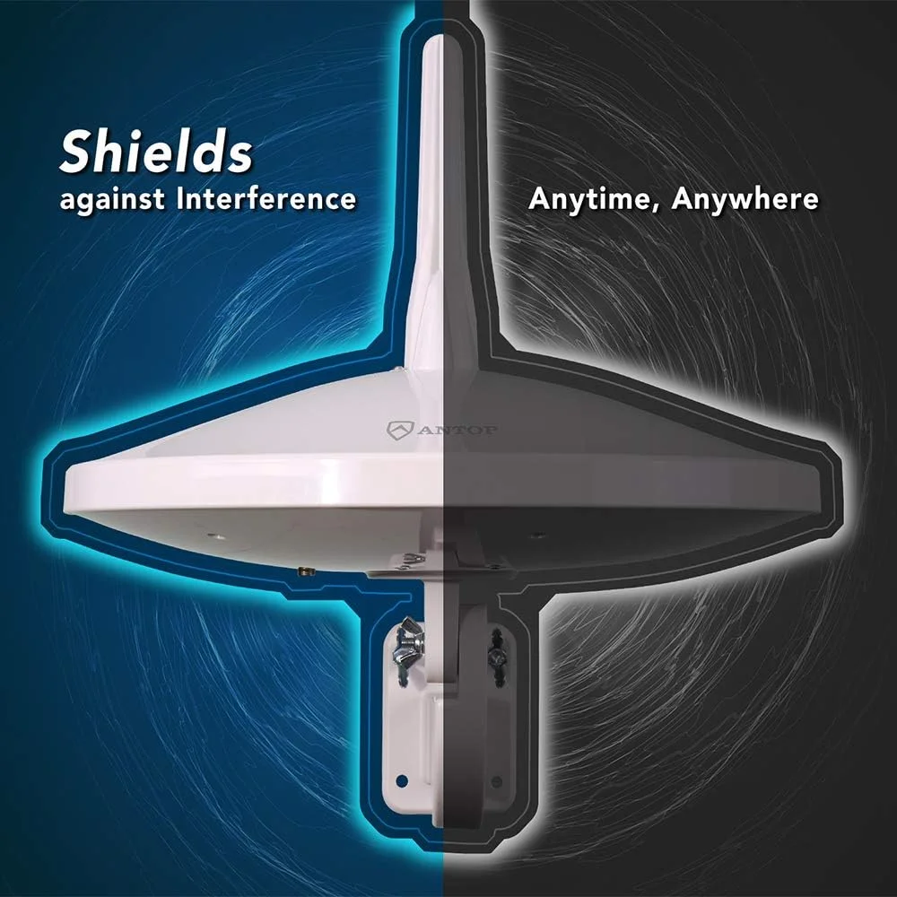 آنتن HDTV خارجی 360 درجه دو جهته ANTOP با طراحی زیبای UFO، تقویت کننده Smartpass و فیلتر 4G LTE، VHF/UHF بهبود یافته، مناسب برای استفاده در فضای باز/RV/اتاق زیر شیروانی (کابل کواکسیال 33 فوت، 4K U)