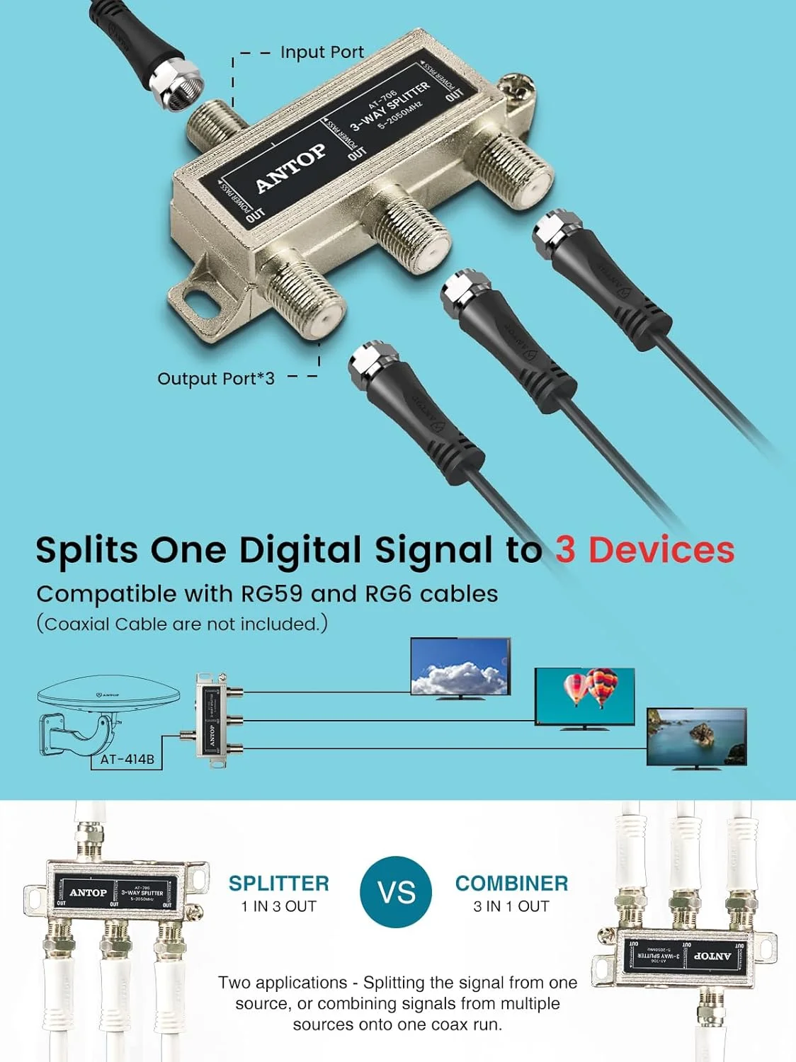 آنتن تلویزیون فضای باز ANTOP برای تلویزیون های متعدد، آنتن HDTV تقویت شده UFO برای پشت بام/اتاق زیر شیروانی/RV/دریایی 65 مایل، گیرندگی بسیار بالا با کابل کواکسیال 33 فوتی و اسپلیتر سیگنال برای 2 تلویزیون