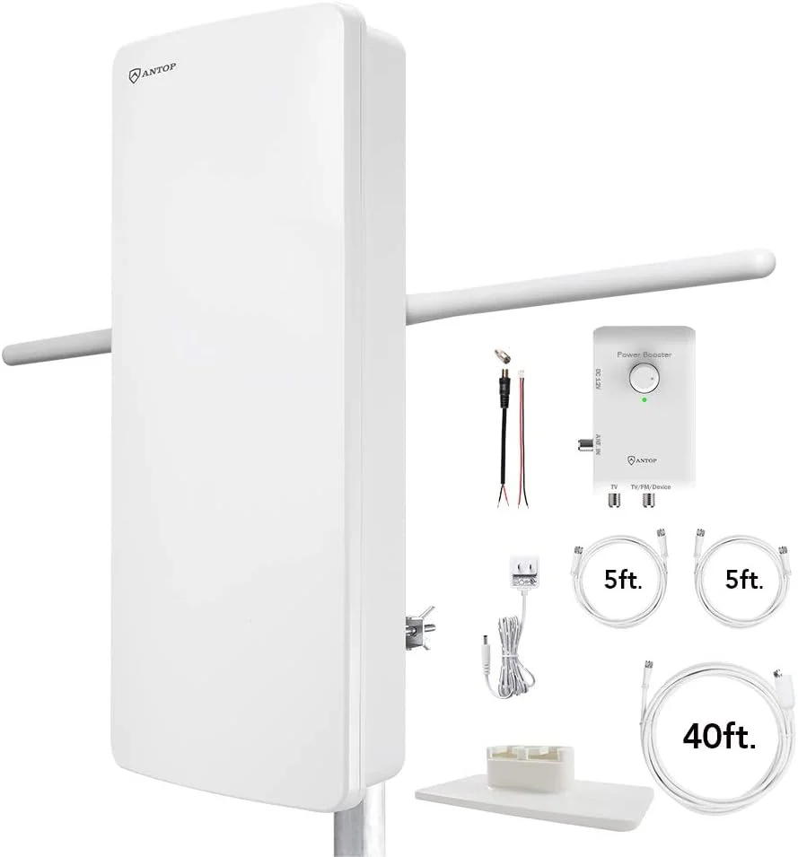 آنتن تقویت شده HDTV و FM ANTOP برای فضای باز و داخل خانه با برد ۱۳۶ کیلومتر مدل AT-800SBS با خروجی دوگانه و سیستم تقویت هوشمند، پشتیبانی از تلویزیون و دستگاه دوم - استریو FM، تلویزیون دوم یا هر دستگاه پخش جریانی OTA