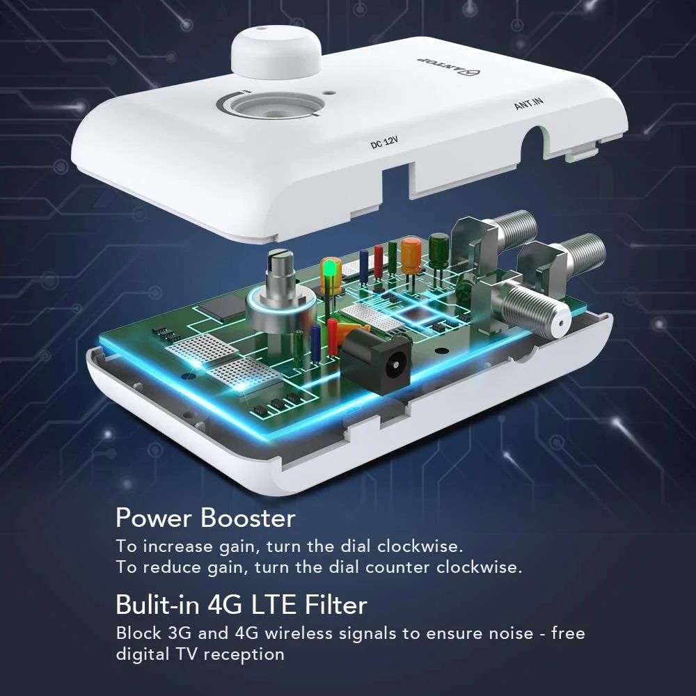 آنتن تقویت شده HDTV و FM ANTOP برای فضای باز و داخل خانه با برد ۱۳۶ کیلومتر مدل AT-800SBS با خروجی دوگانه و سیستم تقویت هوشمند، پشتیبانی از تلویزیون و دستگاه دوم - استریو FM، تلویزیون دوم یا هر دستگاه پخش جریانی OTA