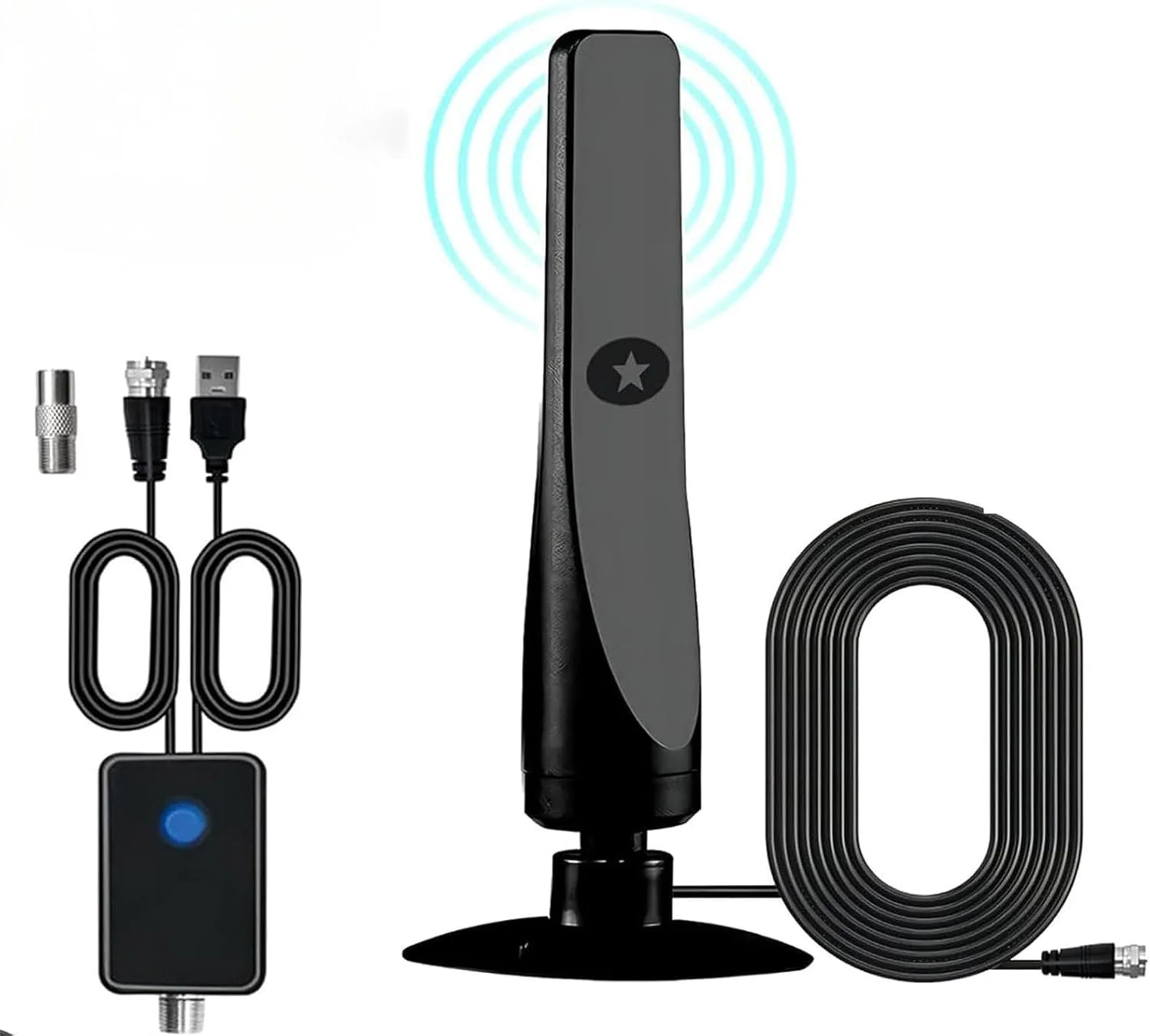 تقویت کننده سیگنال آنتن تلویزیون با مکنده - آنتن HDTV داخلی، استفاده آسان، کابل کواکسیال 5 متری برای تلویزیون های هوشمند و همه تلویزیون های قدیمی