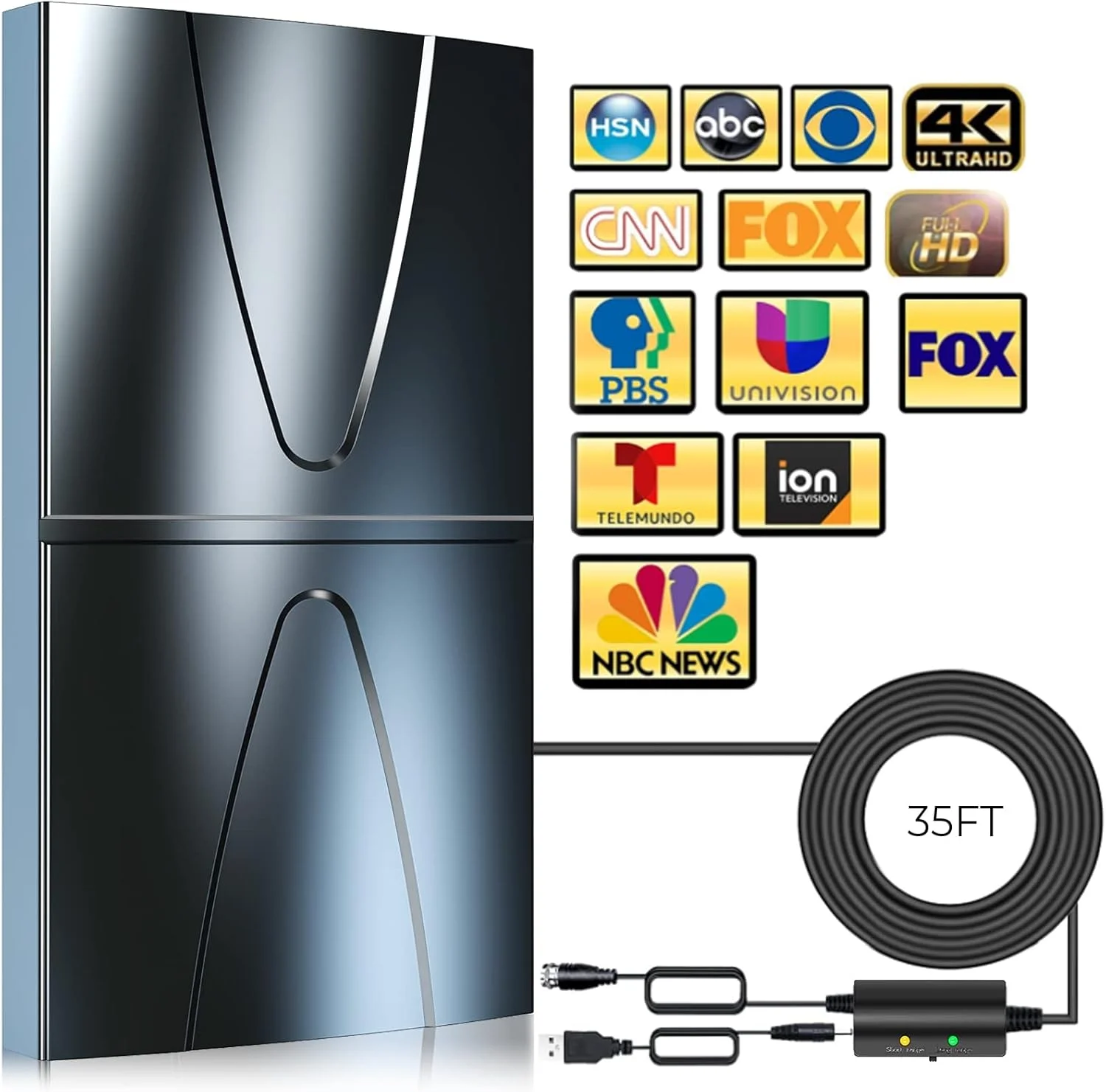 آنتن تلویزیون، برد 2400 کیلومتر، آنتن داخلی/خارجی برای تلویزیون هوشمند و تمام تلویزیون های قدیمی، آنتن تلویزیون دیجیتال با دریافت 360 درجه برای کانال های محلی - کابل کواکسیال ضخیم و تقویت کننده