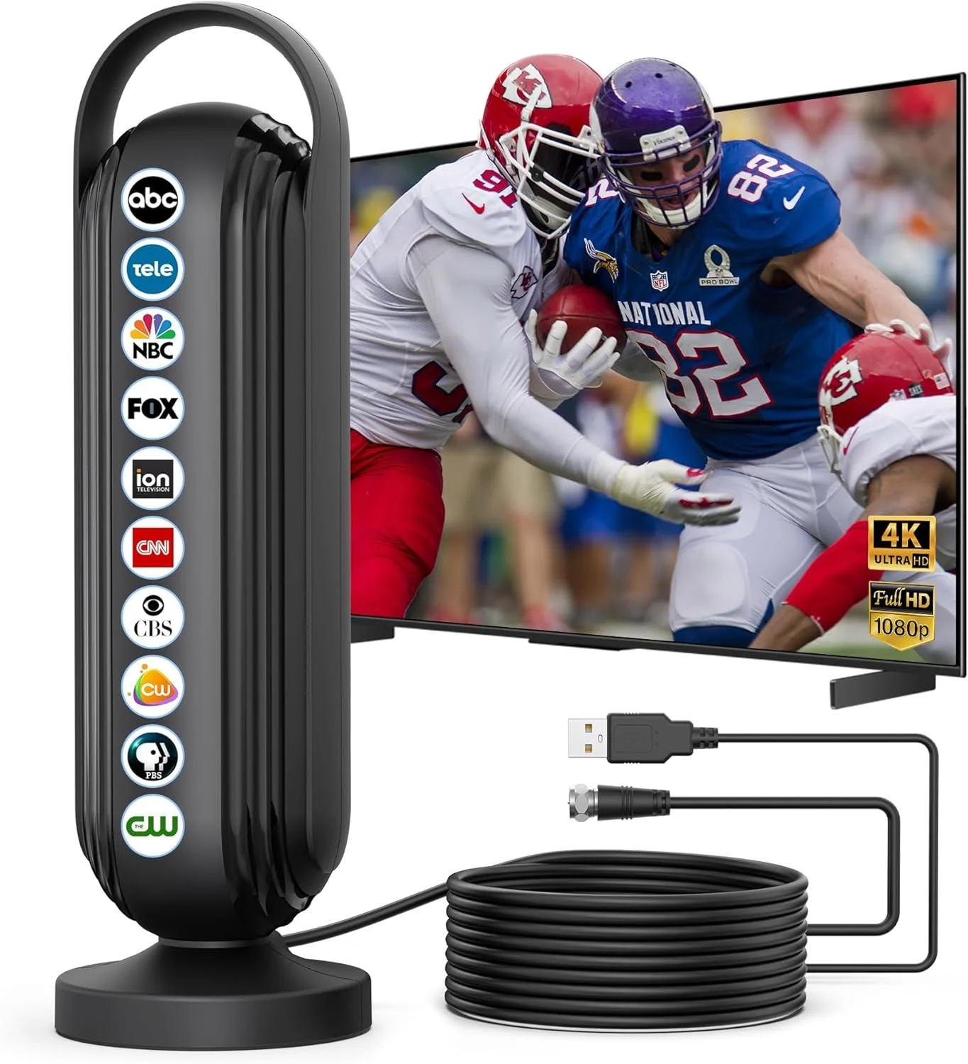 آنتن تلویزیون 2025 برای کانال های محلی، آنتن تلویزیون بیرونی با برد بلند 999+ مایل، آنتن تلویزیون داخلی/بیرونی برای تلویزیون هوشمند با کابل 16.5 فوتی، آنتن HD با پشتیبانی از 4K 8K 1080p