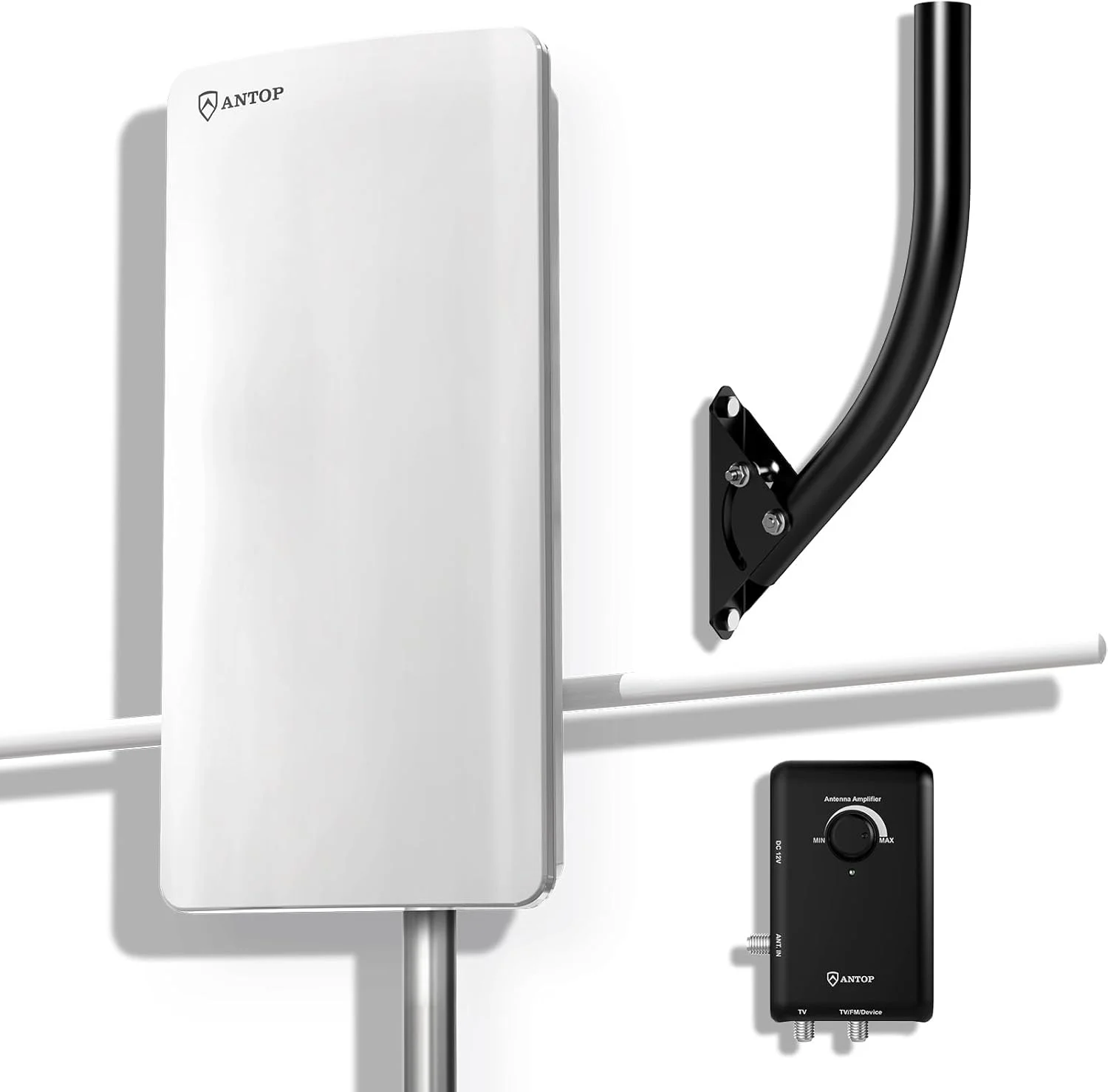 آنتن تلویزیون ANTOP 2024 آنتن دیجیتال برای تلویزیون هوشمند داخلی/خارجی با میله نصب J و تقویت کننده سیگنال، پشتیبانی از HD 4K 1080p VHF UHF، با تقویت کننده و فیلتر کابل کواکسیال 40 فوتی، AT-800SBSJ