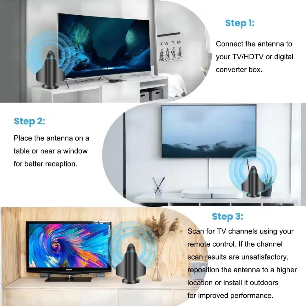 آنتن تلویزیون - آنتن تلویزیون داخلی/خارجی تقویت شده - پشتیبانی از کانال های 4K/1080P، دریافت سیگنال DVB-T با برد بلند 360 درجه، نصب آسان