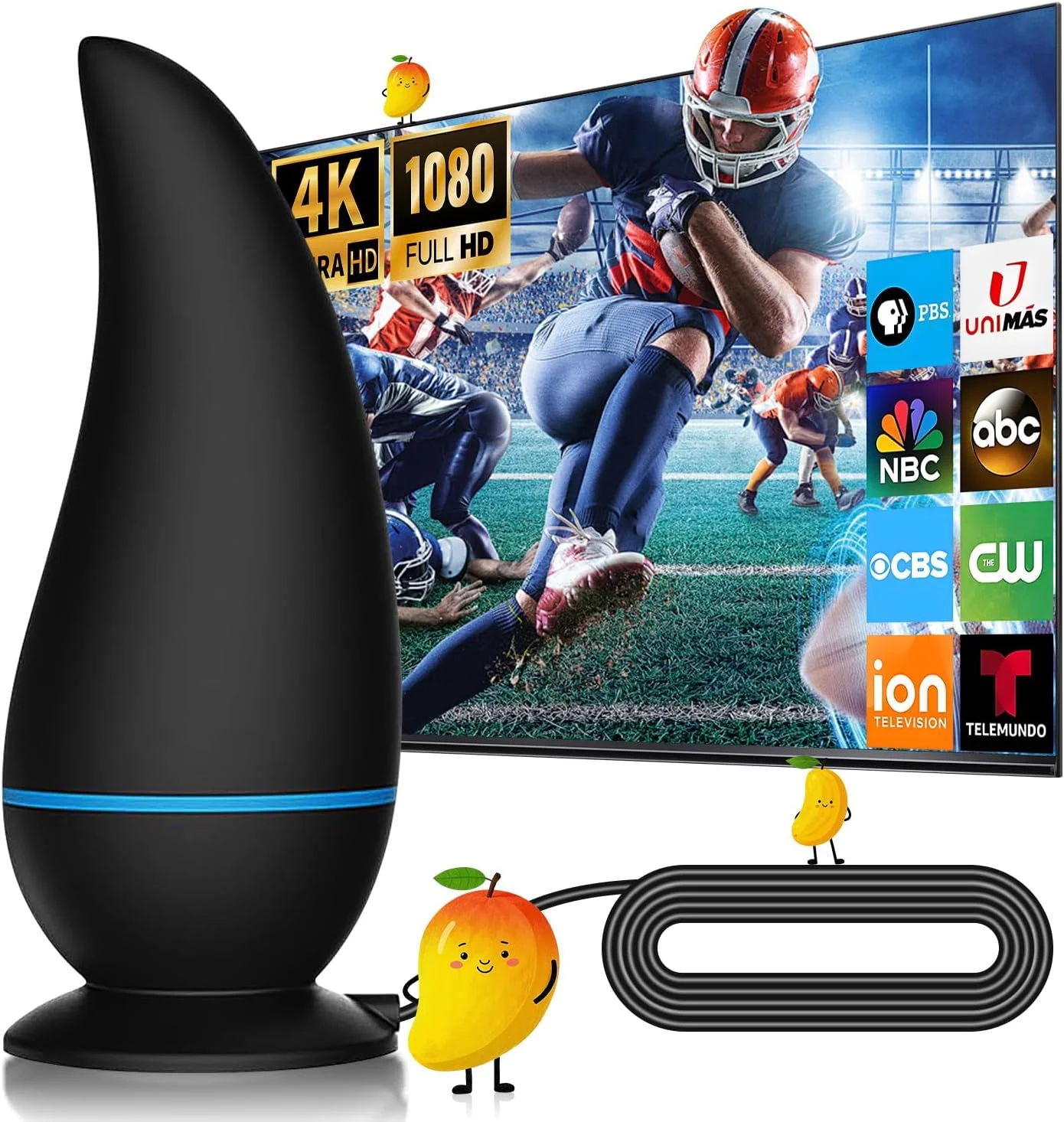 آنتن تلویزیون داخلی 2025 - دیجیتال HD 8K 4K 1080P برای فضای باز و داخل خانه، برد 750+ مایل، آنتن سیگنال تقویت شده، کابل کواکسیال 32FT، برای تلویزیون های هوشمند و قدیمی و کانال های محلی رایگان