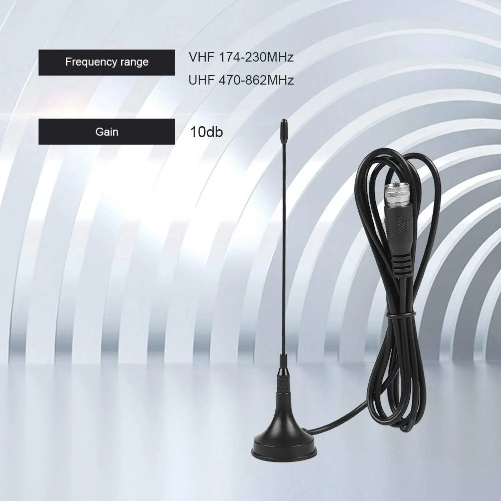 آنتن تلویزیون با کابل 149 سانتی‌متری / 58.7 اینچی، آنتن HDTV قابل حمل داخلی/خارجی دو بانده UHF/VHF با بهره بالا 10dbi با پایه مغناطیسی برای DVB-T دیجیتال، برای خودرو و منزل