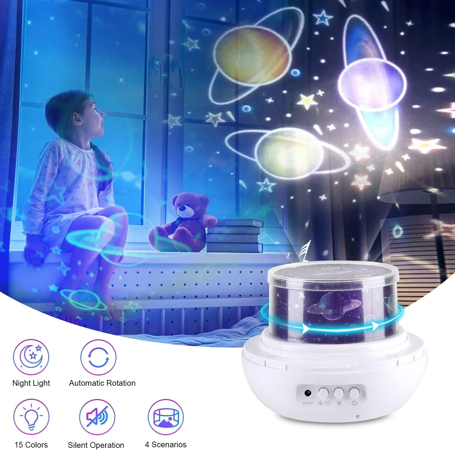 پروژکتور چراغ خواب Excefore، پروژکتور چرخشی بی صدا با نورهای ستاره ای، پروژکتور کهکشانی برای اتاق خواب کودک با 4 فیلم پروژکتوری 15 رنگ، سفید پروژکتور چراغ خواب Excefore، پروژکتور چرخشی بی صدا با نورهای ستاره ای، پروژکتور کهکشانی برای اتاق خواب کودک با 4 فیلم پروژکتوری 15 رنگ، سفید