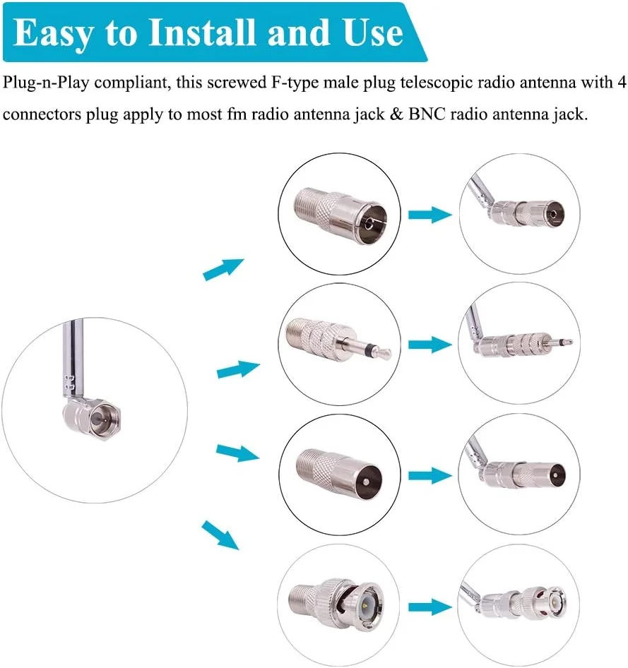 آنتن تلسکوپی FM فنسیسی، 75 اهم، با اتصال نر پیچی F به همراه آداپتورهای اتصال PAL، BNC و جک 3.5 میلی‌متری، آنتن رادیو FM برای گیرنده استریو AV، سیستم آمپلی‌فایر سینمای خانگی، داخلی و خارجی