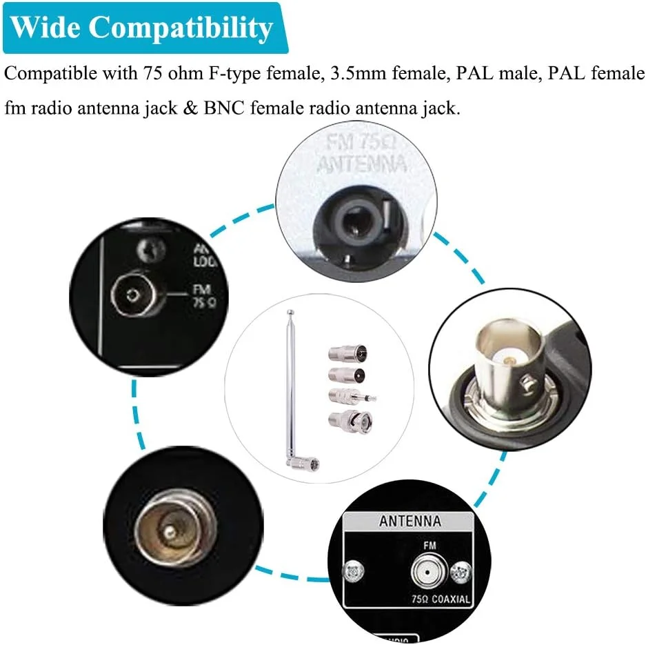 آنتن تلسکوپی FM فنسیسی، 75 اهم، با اتصال نر پیچی F به همراه آداپتورهای اتصال PAL، BNC و جک 3.5 میلی‌متری، آنتن رادیو FM برای گیرنده استریو AV، سیستم آمپلی‌فایر سینمای خانگی، داخلی و خارجی