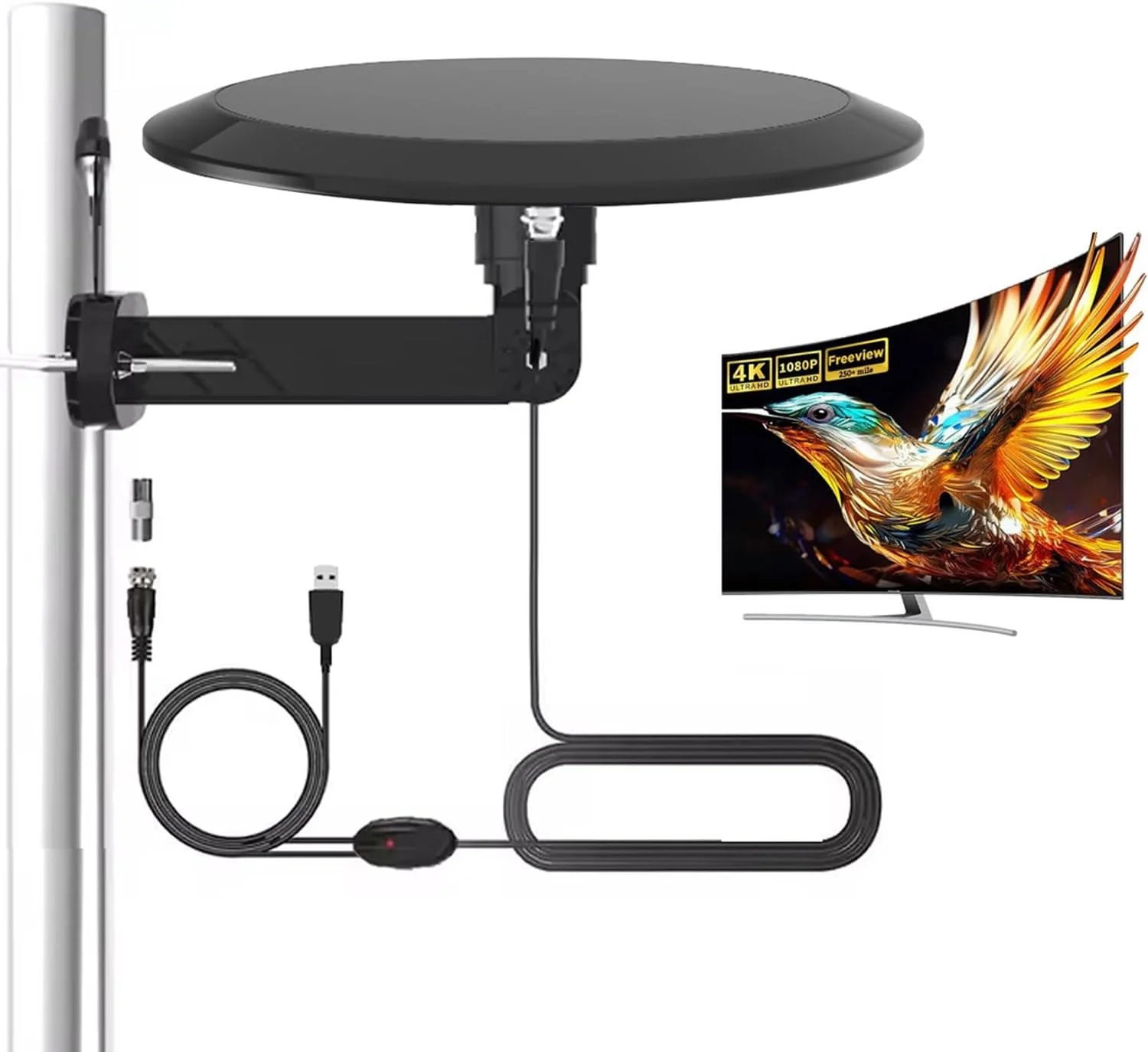 آنتن تلویزیون دیجیتال دوربرد GAINFI، هوایی هوشمند تلویزیون داخلی/خارجی برای اتاق زیر شیروانی و RV با تقویت کننده، کانال های محلی تلویزیون 4K/HDTV/1080P Freeview با کابل کواکسیال 32 فوتی