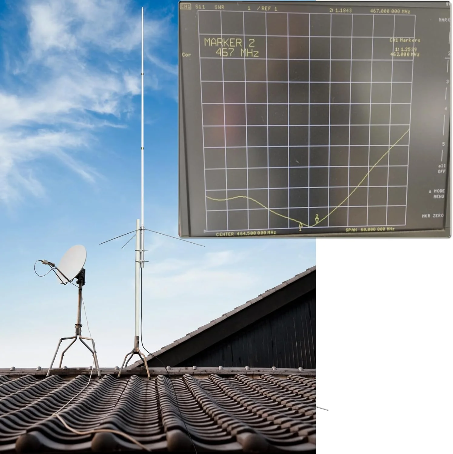 آنتن پایه آماتور UHF از پیش تنظیم شده HYS 462MHz-467MHz، آنتن ایستگاه پایه GMRS، فضای باز 2.3 متری (86.6 اینچ)، برد بلند 8.5dBi، نصب روی میله (SO239-UHF مادگی)