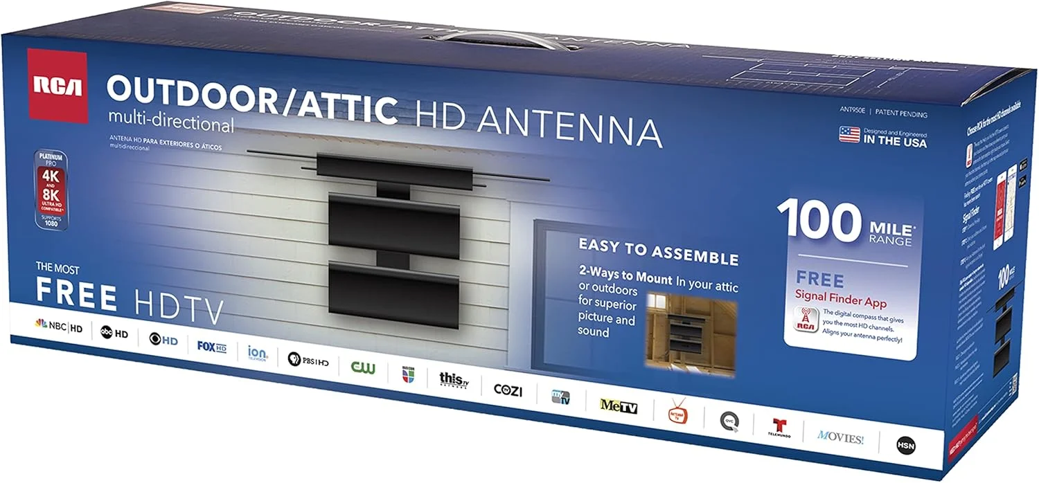 آنتن HD تقویت شده RCA برای فضای باز یا اتاق زیر شیروانی، آنتن HD چند جهته با برد 160 کیلومتر؛ آنتن دیجیتال OTA، دریافت VHF و UHF؛ سازگار با تلویزیون Nextgen ATSC 3.0، پشتیبانی از تلویزیون های 4K/8K 1080p