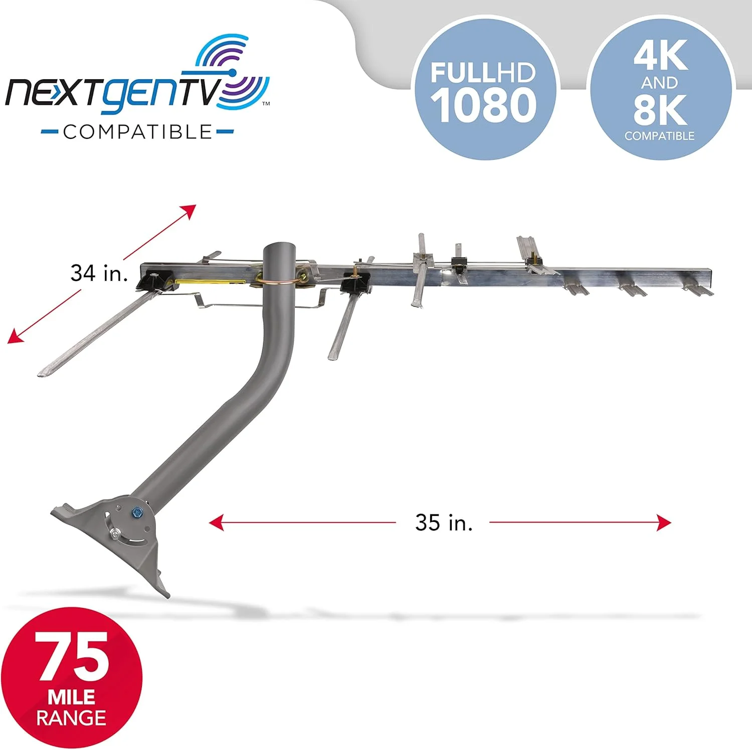 آنتن تلویزیون یاگی فشرده RCA برای فضای باز یا زیر شیروانی - آنتن دیجیتال OTA دوربرد برای دریافت واضح، سازگار با NexGenTV، پشتیبانی از تلویزیون های 4K/8K 1080p، رنگ نقره ای