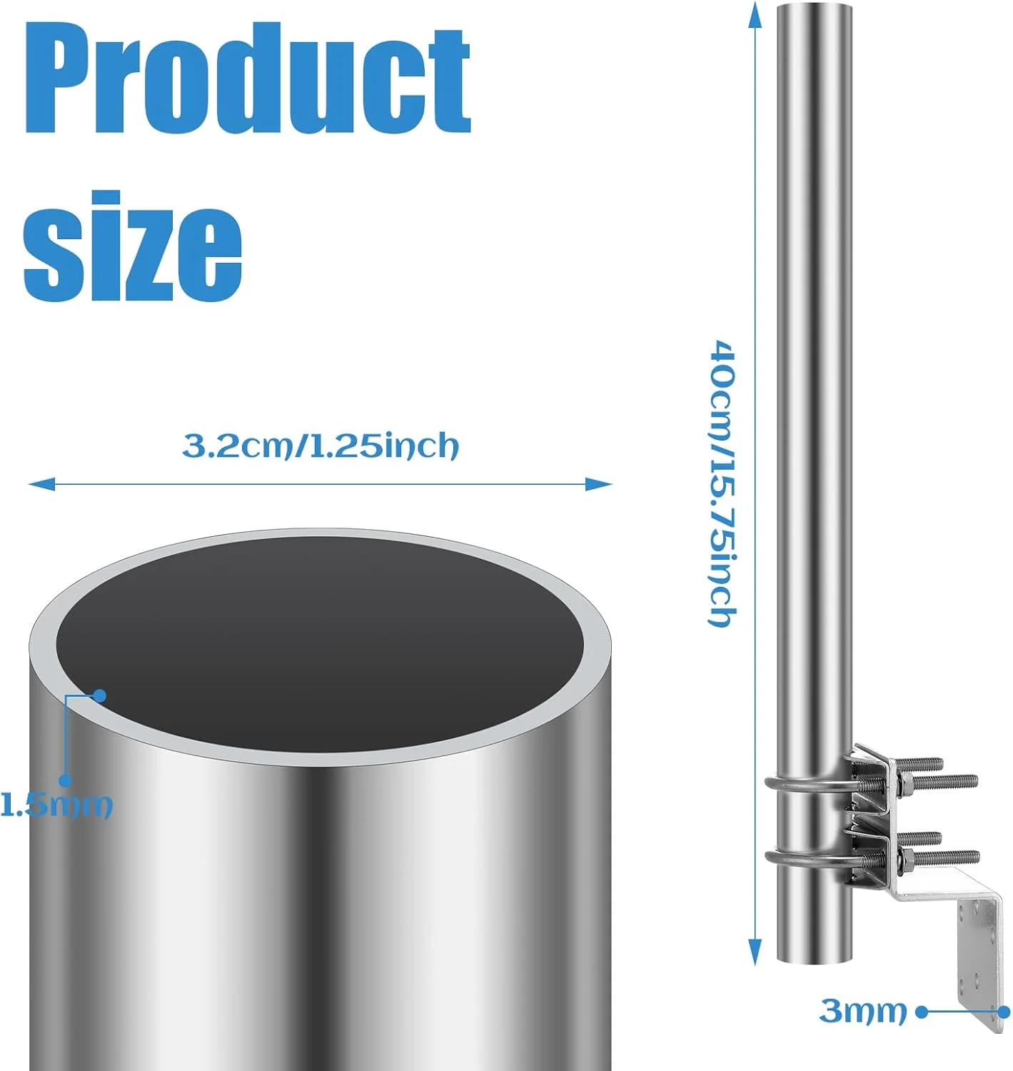 مجموعه 2 عددی پایه نگهدارنده آنتن فنی Yaocom برای آنتن های فضای باز با پیچ های دوتایی U، پایه آنتن با قطر خارجی 1 1/4 اینچ، طول 15 3/4 اینچ