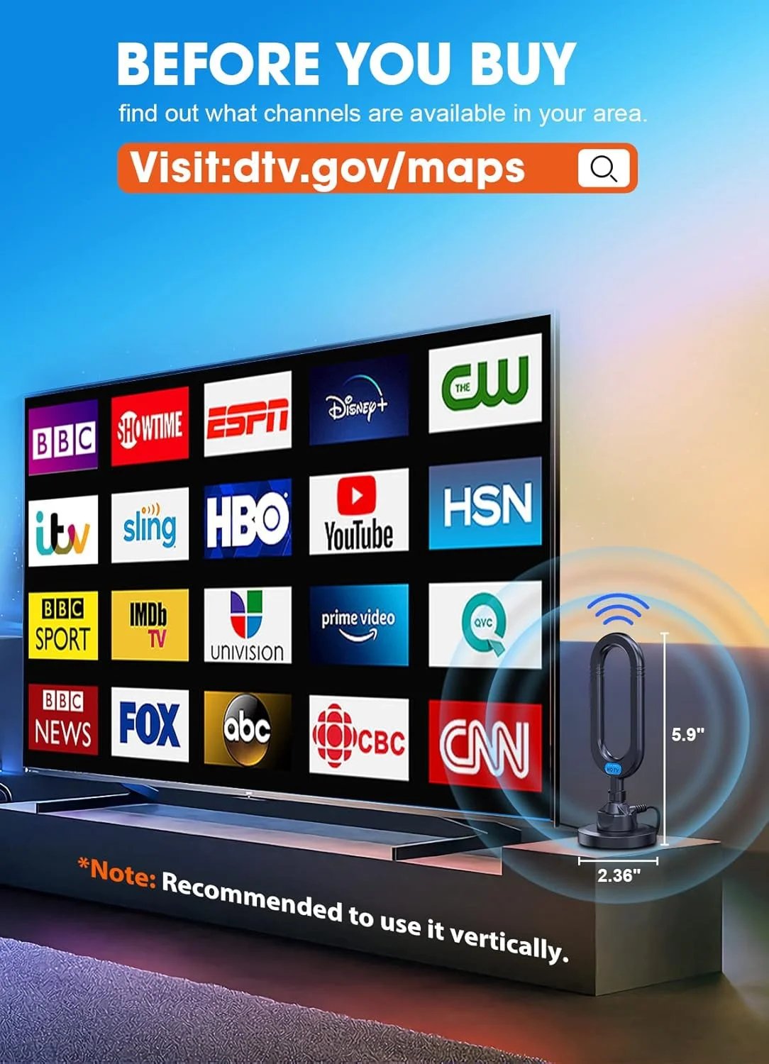 آنتن تلویزیون WUMINGLU برای تلویزیون هوشمند داخلی 2025 4K دیجیتال HDTV با برد طولانی تا 480 مایل برای کانال های محلی داخلی و خارجی