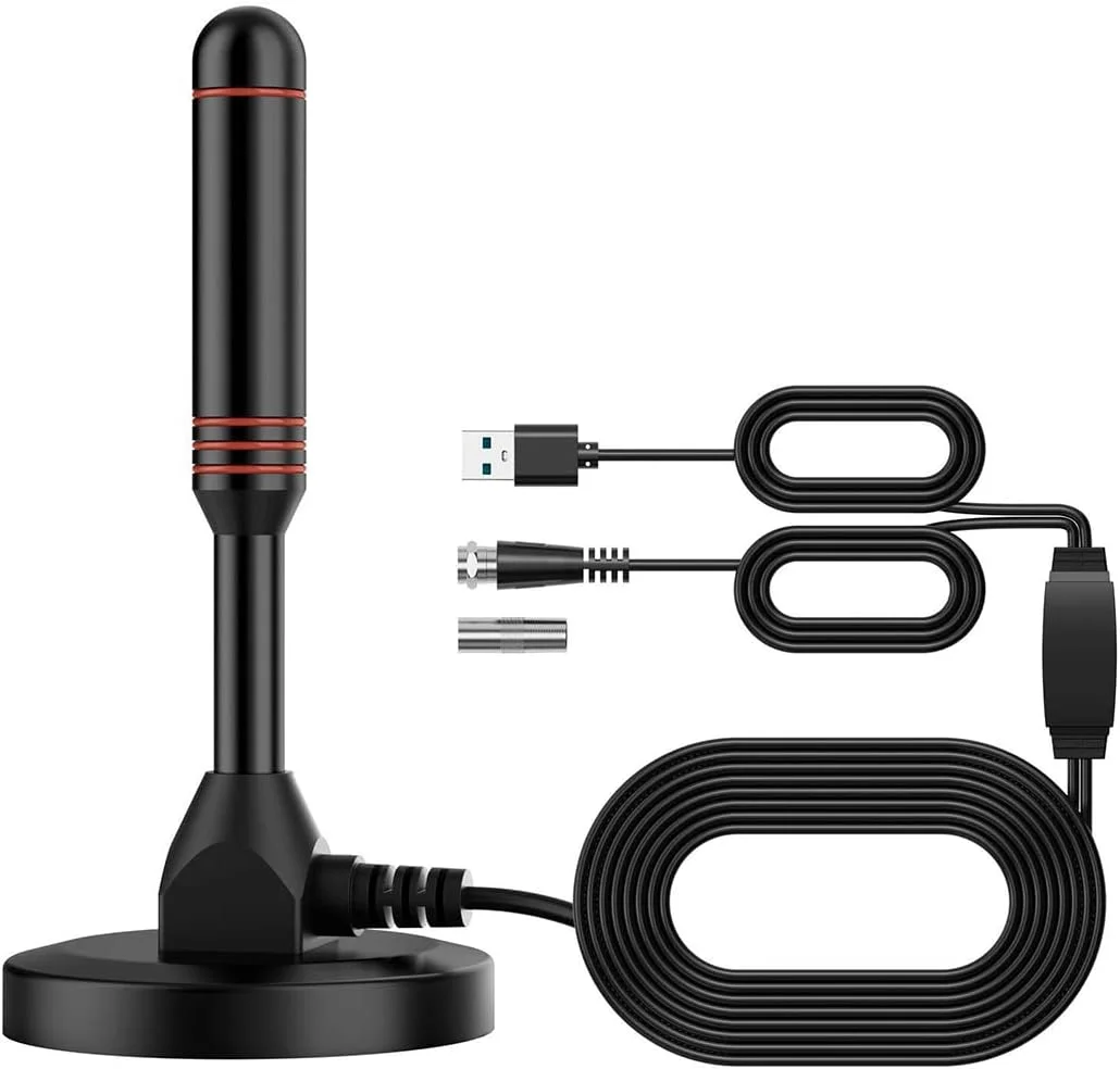 آنتن تلویزیون دیجیتال Vecys DVB-T2 قابل حمل داخلی/خارجی با پایه مغناطیسی، کابل 5 متری، USB و کانکتور نر تلویزیون