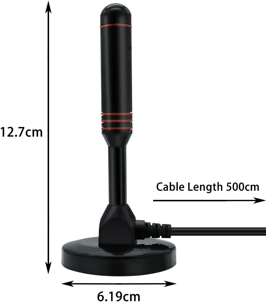 آنتن تلویزیون دیجیتال Vecys DVB-T2 قابل حمل داخلی/خارجی با پایه مغناطیسی، کابل 5 متری، USB و کانکتور نر تلویزیون آنتن تلویزیون دیجیتال Vecys DVB-T2 قابل حمل داخلی/خارجی با پایه مغناطیسی، کابل 5 متری، USB و کانکتور نر تلویزیون