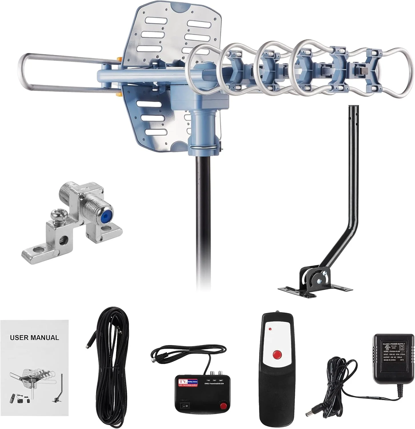 آنتن HDTV بیرونی تقویت شده دیجیتال WA-2608 مدل 2021 به همراه کابل کواکسیال RG6 به طول 60 فوت با قابلیت چرخش از راه دور بی سیم و برد 150 مایل