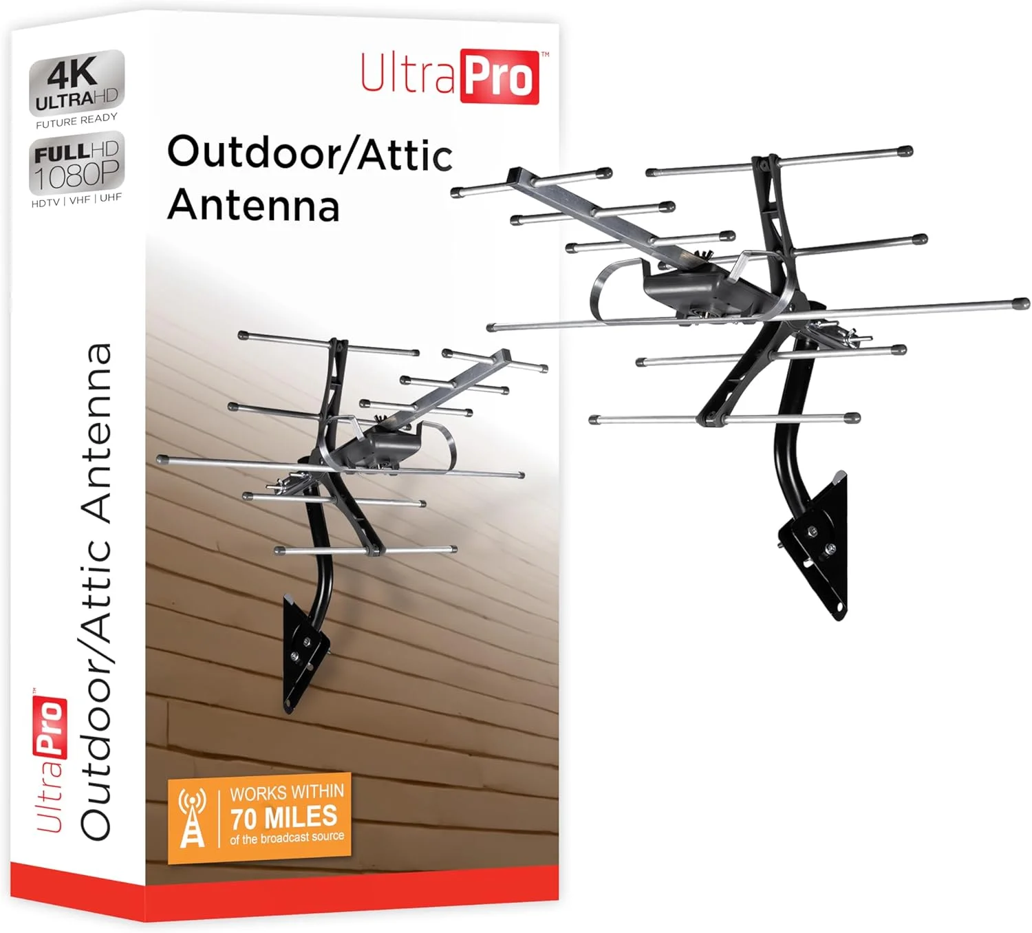 آنتن بیرونی UltraPro، آنتن دوربرد، آنتن HDTV با کیفیت 4K 1080P VHF UHF، شامل پایه J، قابل نصب در فضای داخلی اتاق زیر شیروانی، مقاوم در برابر آب و هوا، 65000