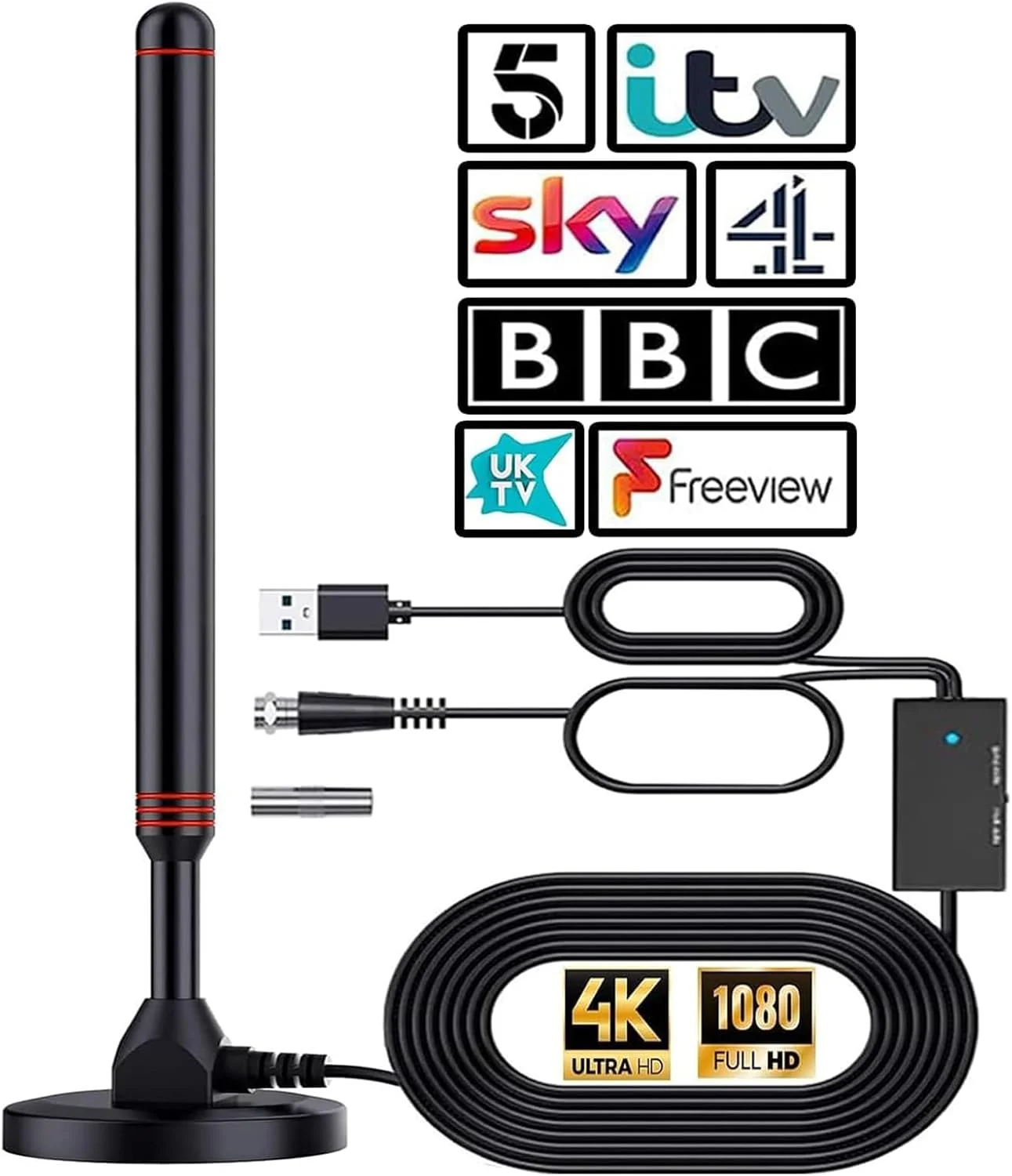 آنتن تلویزیون - ارتقاء جدید 2024 - آنتن تلویزیون داخلی با بهره بالا، قابل حمل داخلی/خارجی HD دیجیتال، آنتن تلویزیون HDTV 4K 1080P برای همه تلویزیون ها - [مشکی]