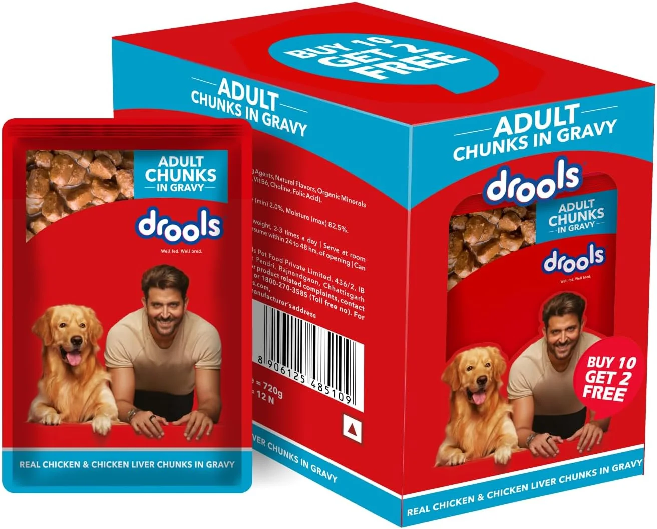 غذای مرطوب سگ بالغ درولز، تکه های مرغ واقعی و جگر مرغ در آب گوشت، 10 بسته + 2 بسته رایگان (12 x 60 گرم)