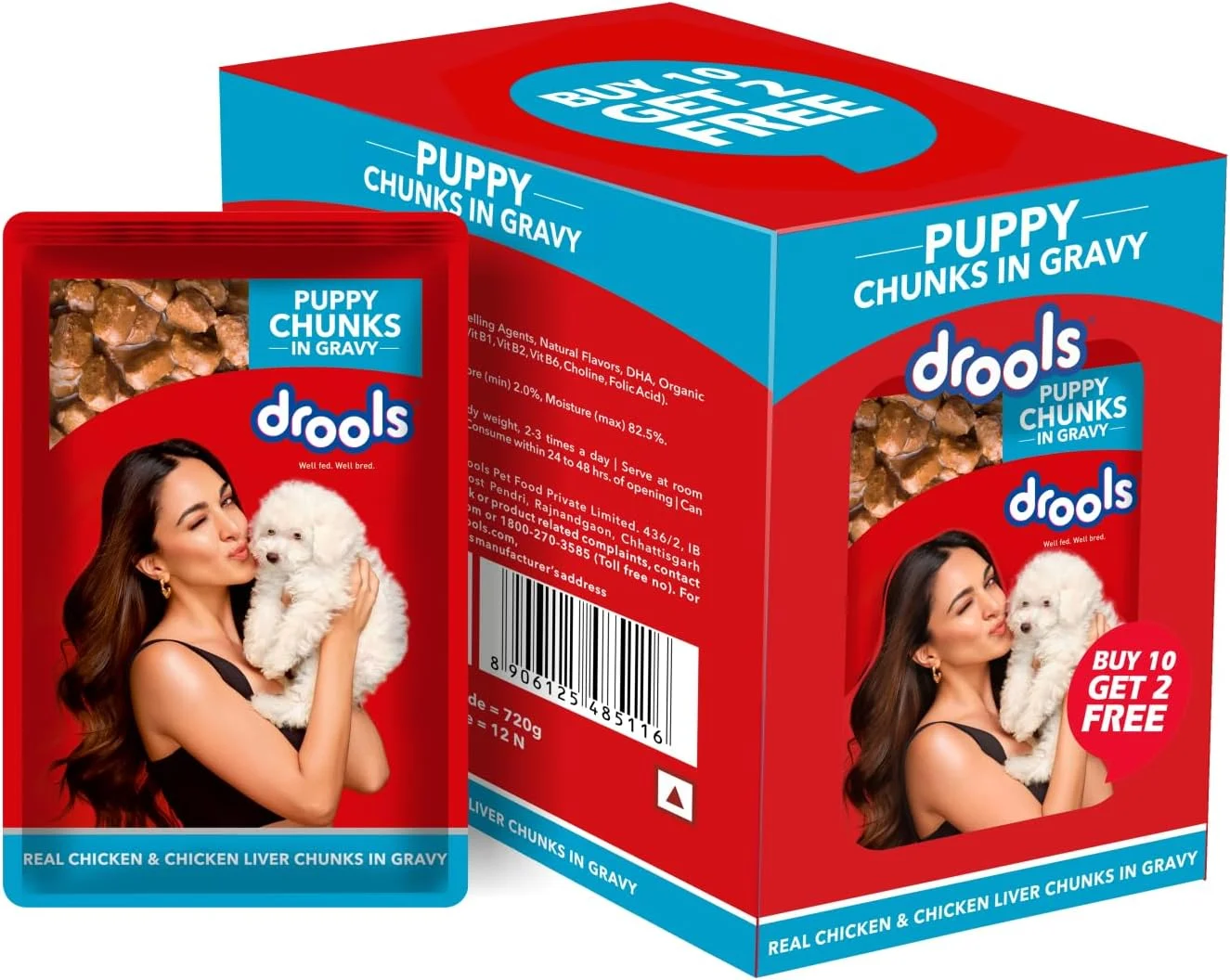 غذای مرطوب سگ توله سگ درولز، تکه های مرغ واقعی و جگر مرغ در آب گوشت، 10 بسته + 2 بسته رایگان (12 x 60 گرم)