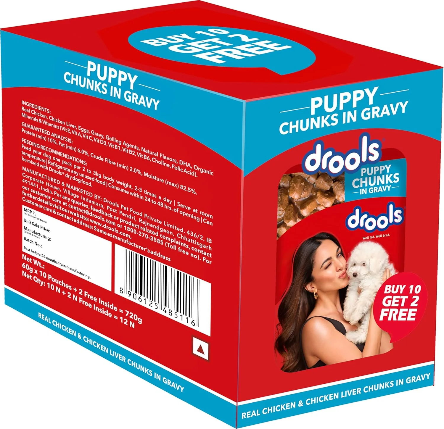 غذای مرطوب سگ توله سگ درولز، تکه های مرغ واقعی و جگر مرغ در آب گوشت، 10 بسته + 2 بسته رایگان (12 x 60 گرم)