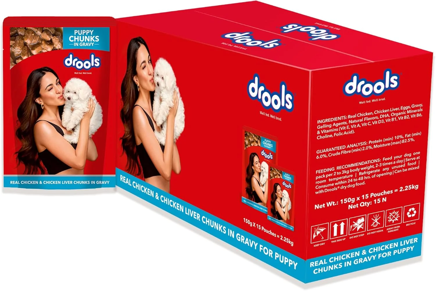 غذای مرطوب سگ توله سگ درولز، تکه های مرغ و جگر مرغ در آب گوشت، بسته 15 عددی (2.25 کیلوگرم) | 100% رژیم غذایی متعادل با مرغ واقعی، امگا 3 و 6 برای پوست و موی سالم، باعث آبرسانی و هضم آسان می شود