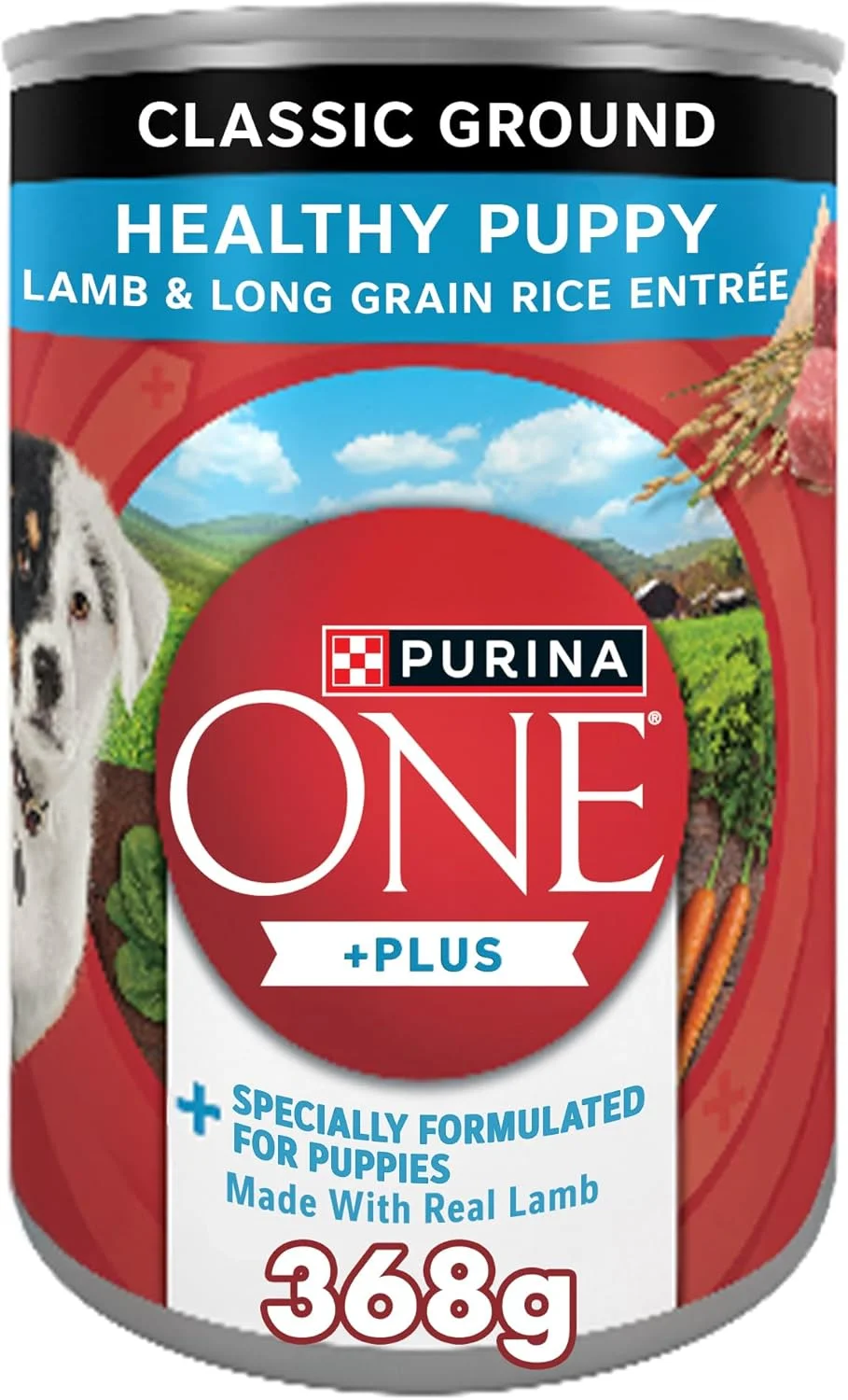 غذای مرطوب سگ توله با طعم بره و برنج دانه بلند Purina ONE +Plus (قوطی 368 گرمی)