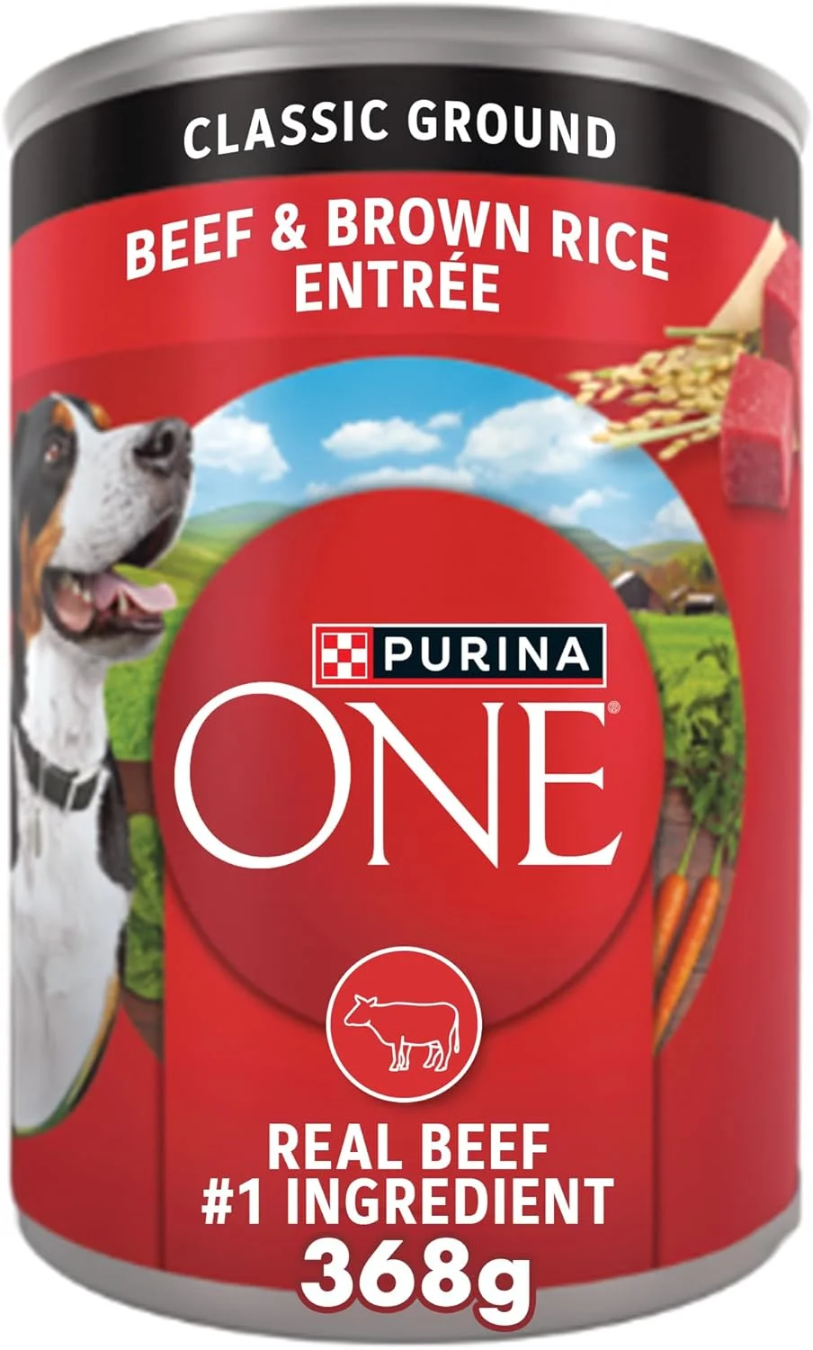 غذای مرطوب سگ با پروتئین بالا، طعم گوشت گاو و برنج قهوه ای Purina ONE (قوطی 368 گرمی)