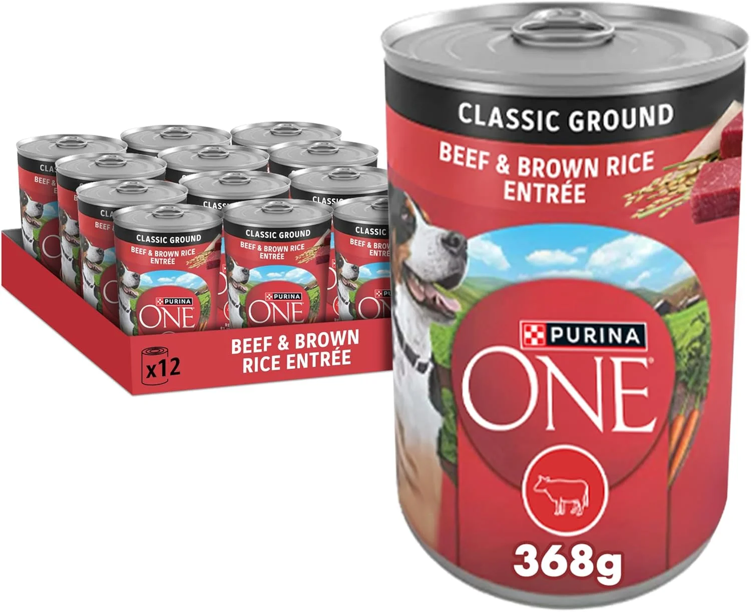 غذای مرطوب سگ با پروتئین بالا، طعم گوشت گاو و برنج قهوه ای Purina ONE (قوطی 368 گرمی، 12 عدد)