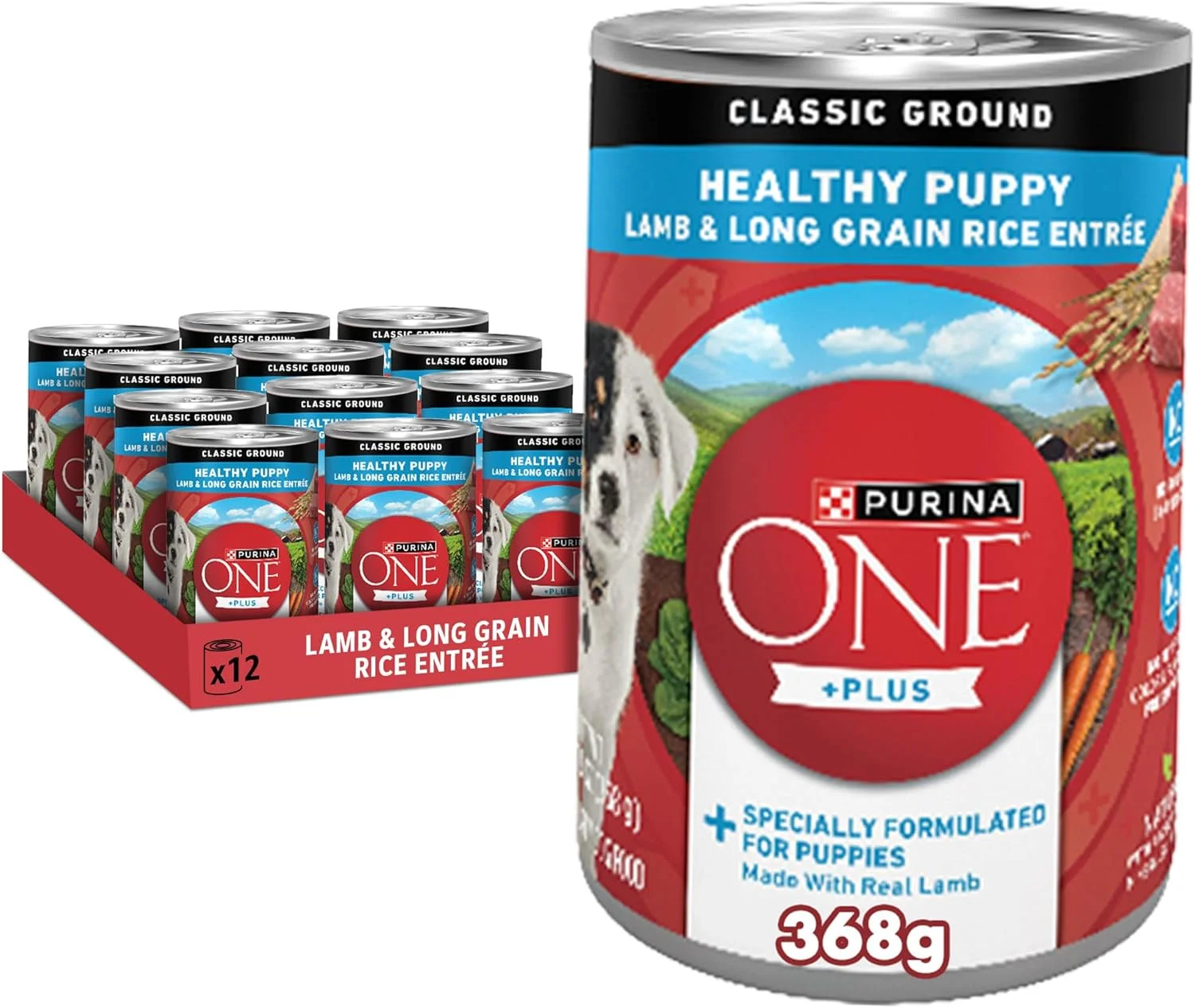 غذای سگ مرطوب توله سگ با طعم بره و برنج دانه بلند Purina ONE +Plus (قوطی 368 گرمی، 12 عدد)