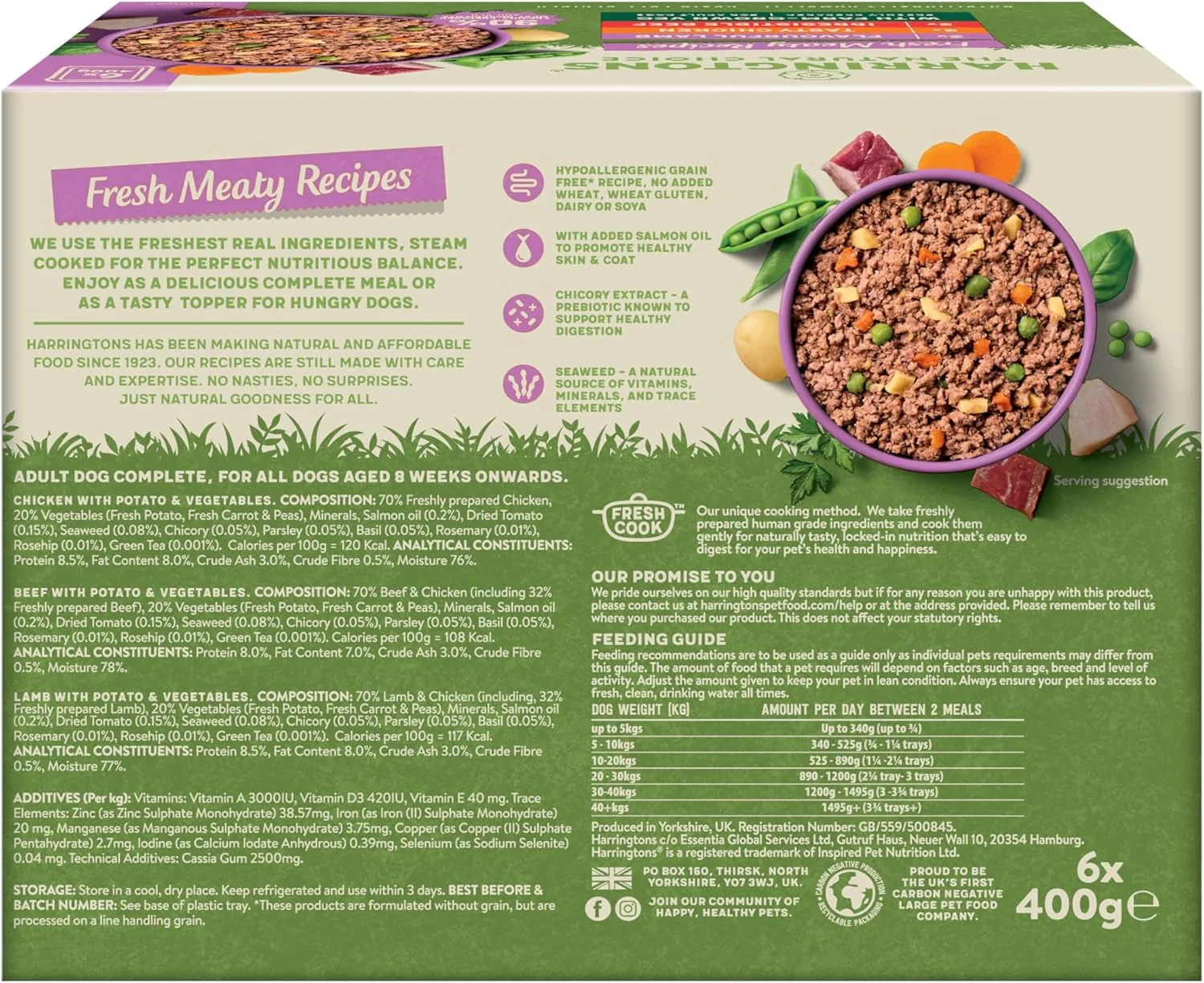 غذای سگ بالغ هارینگتونز، بدون غلات، ضد حساسیت، بسته گوشتی 6x400 گرمی - مرغ، گوشت گاو و بره - تهیه شده با مواد کاملا طبیعی