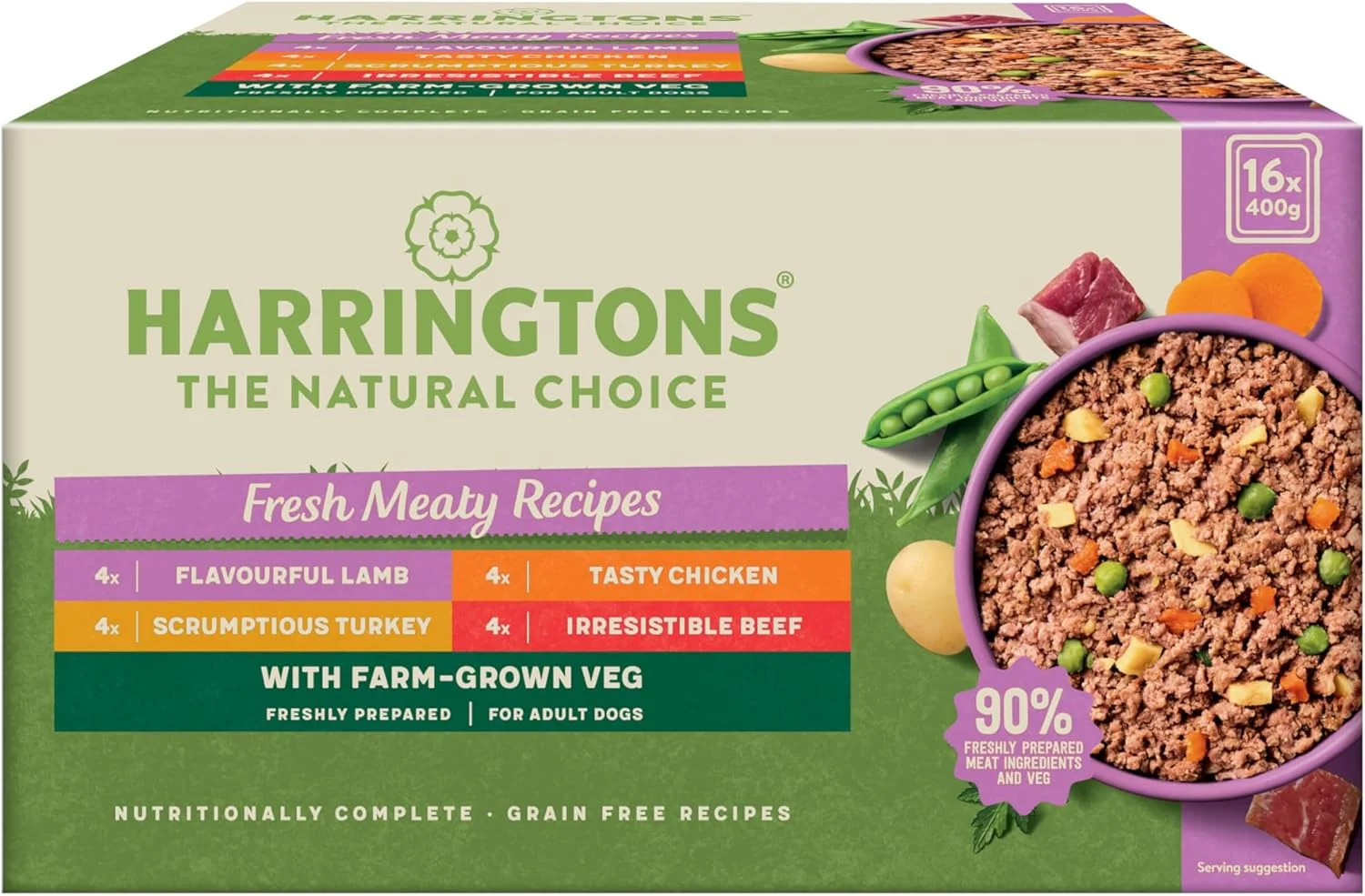 غذای مرطوب سگ بدون غلات و ضد حساسیت Harringtons بسته گوشتی 16x400 گرم - مرغ، بره، گاو و بوقلمون - مواد کاملا طبیعی (بسته بندی ممکن است متفاوت باشد)